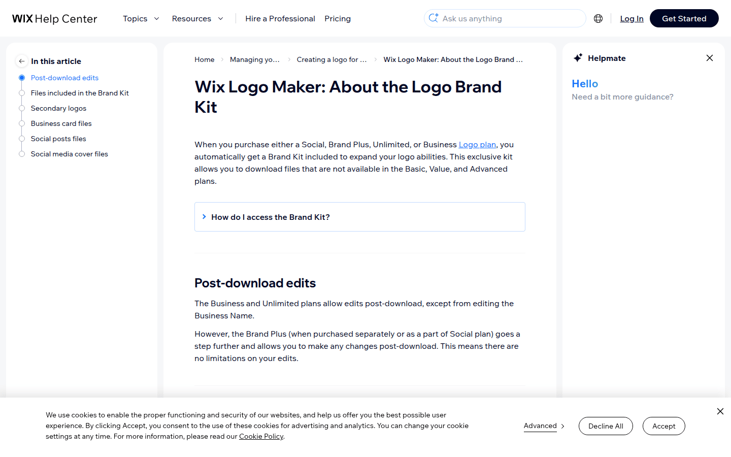 Wix help page showing Brand Kit contents including secondary logos, business cards, and social files