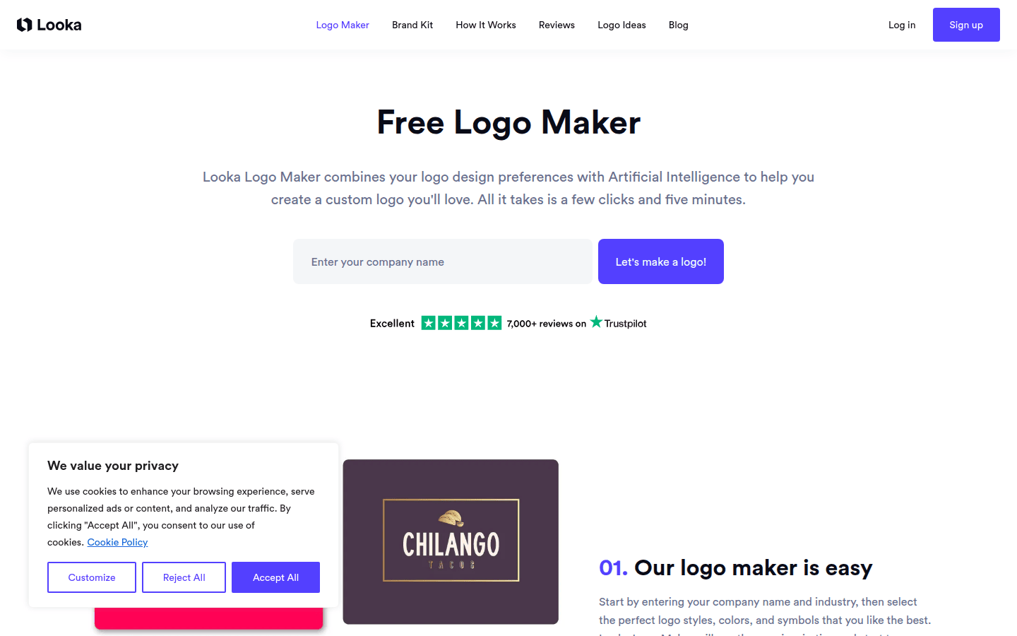 Looka logo maker page showing packaged logo versions and export file claims