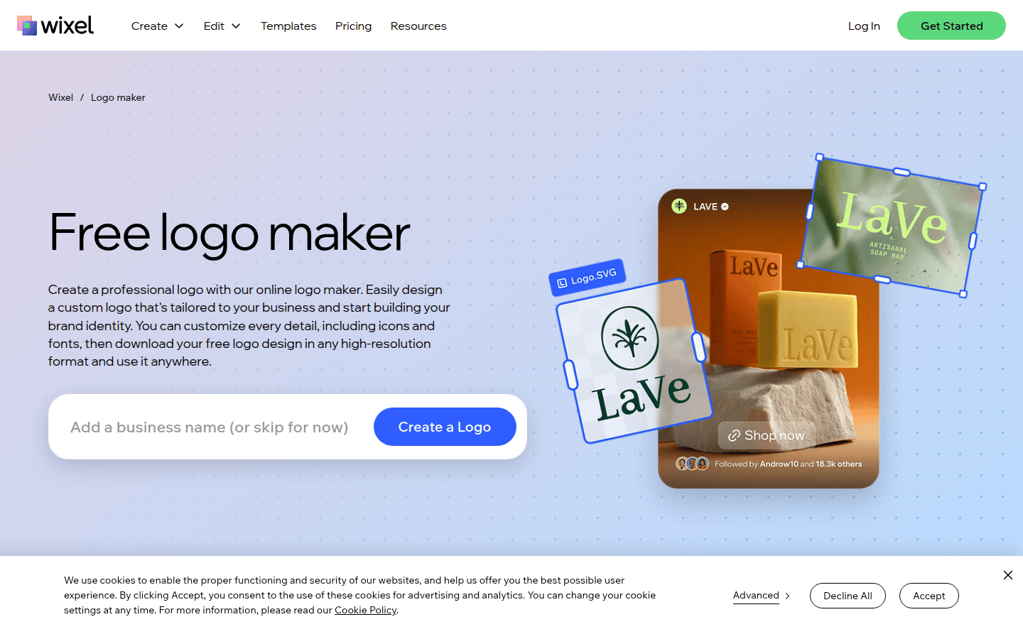 Wix logo maker page showing multiple versions and SVG or PNG download messaging