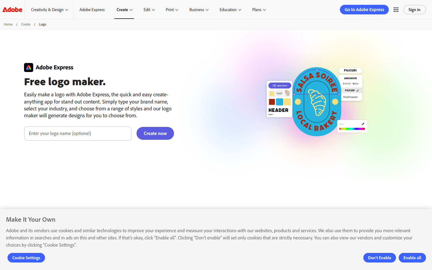 Adobe Express logo maker page showing logo creation inputs and export workflow