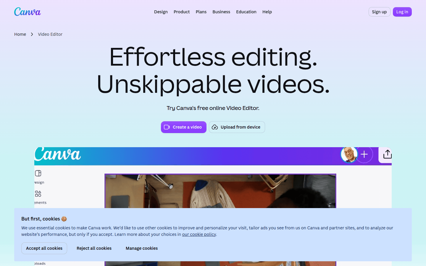 Canva video editor page showing timeline-based editing and animation-focused messaging