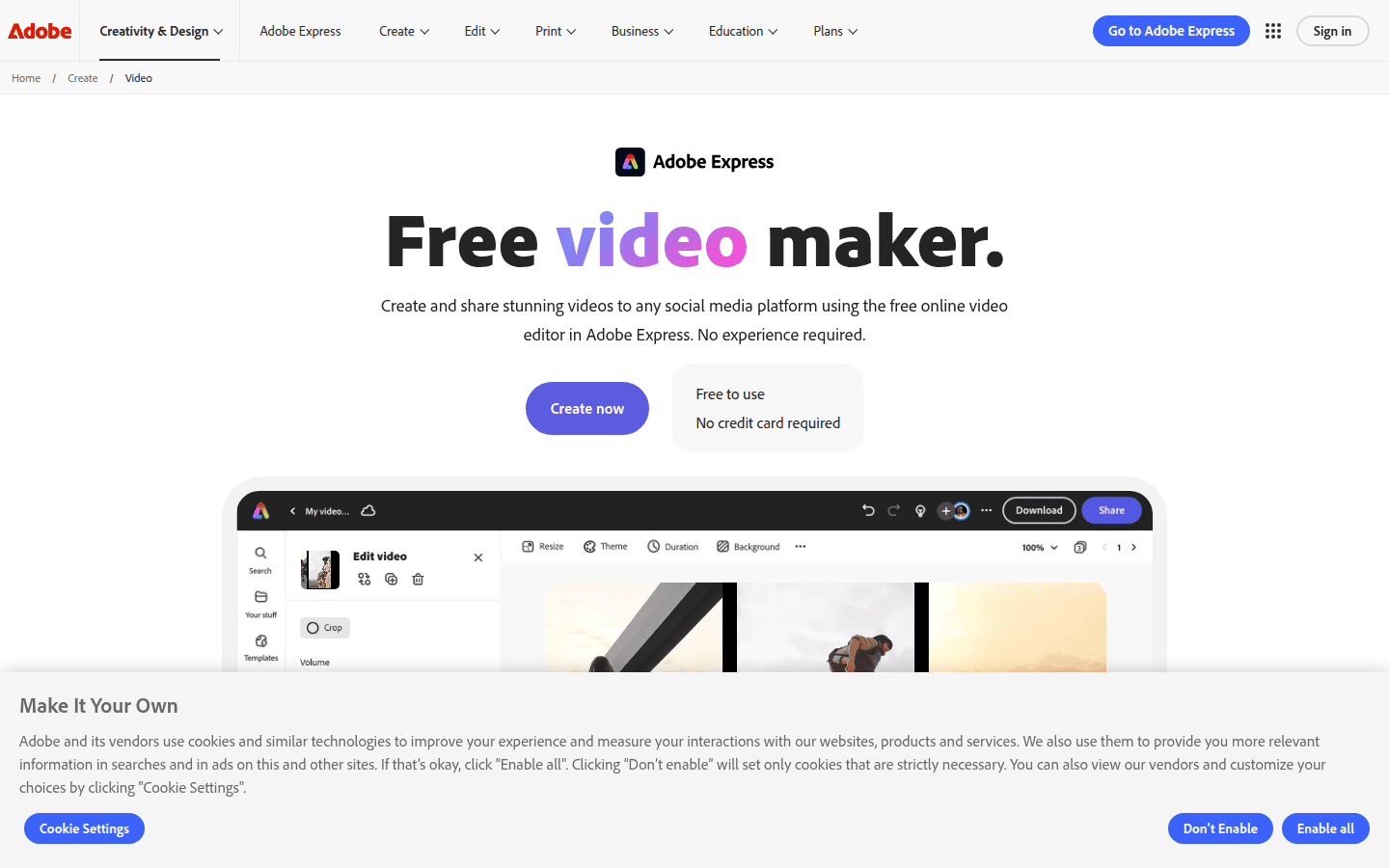 Adobe Express video maker page highlighting templates and animated effects for elements