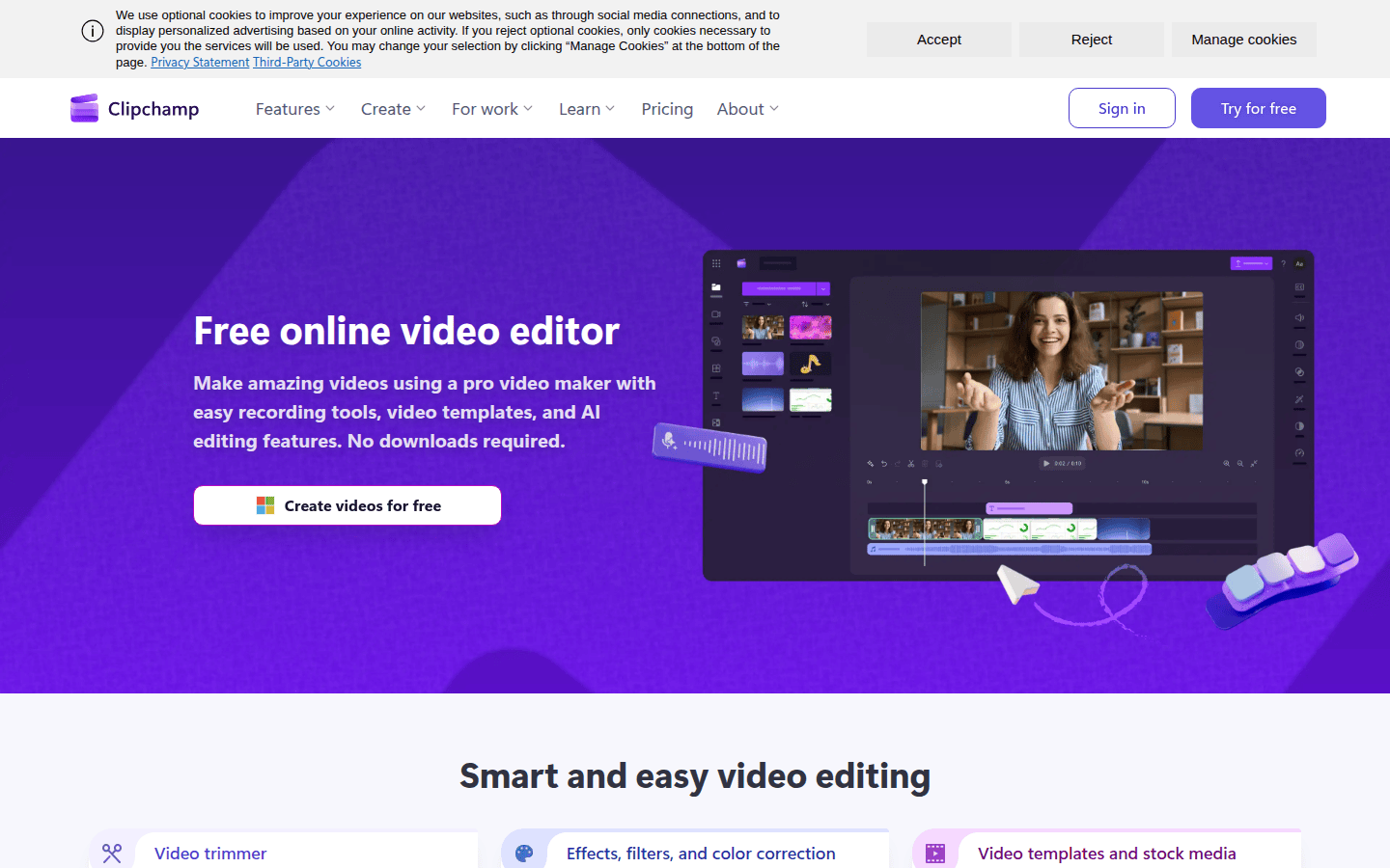 Clipchamp video editor or related official page showing creator-style editing tools and template workflow
