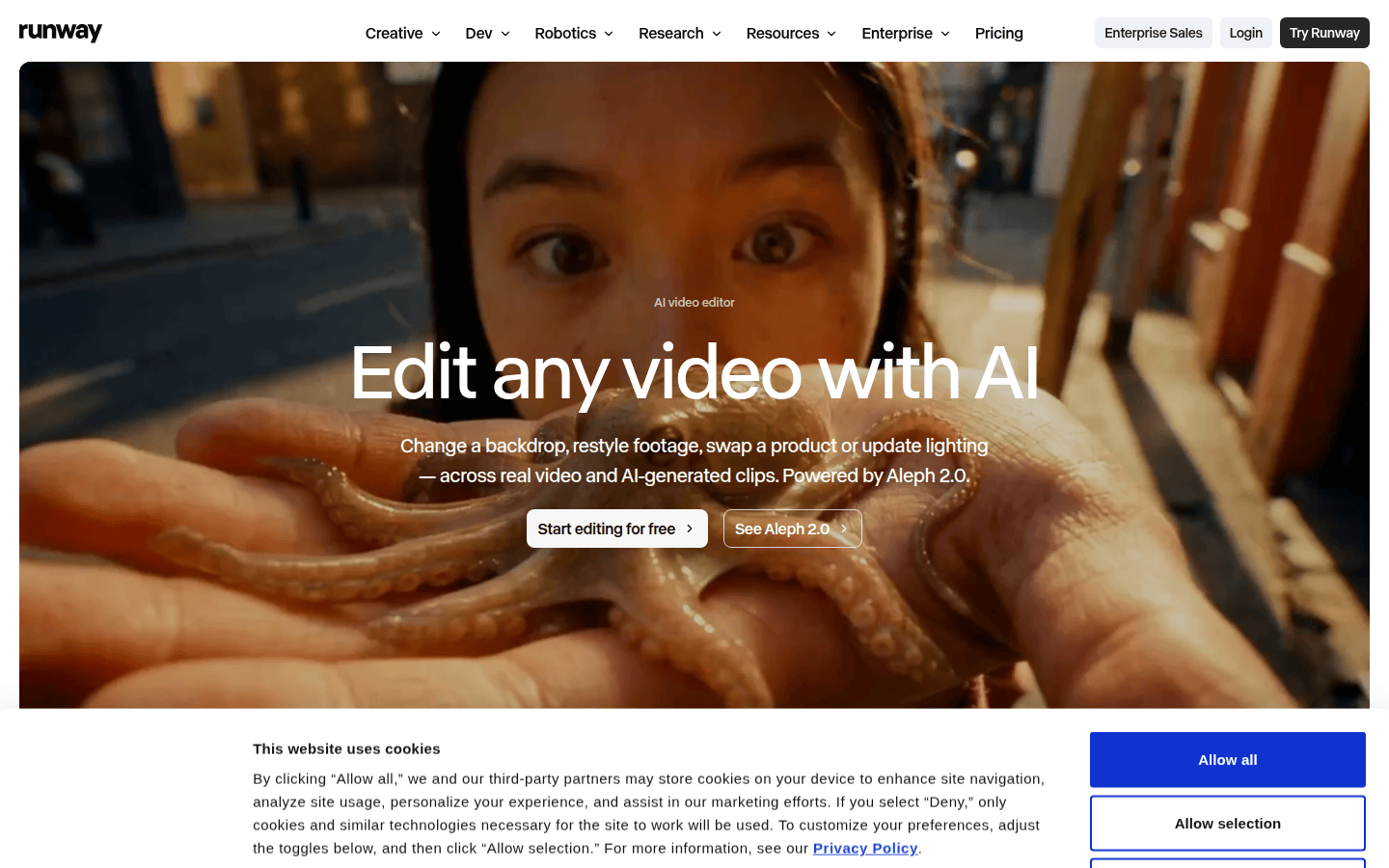 Runway AI video editor page describing backdrop changes, restyling, and across-shot edits