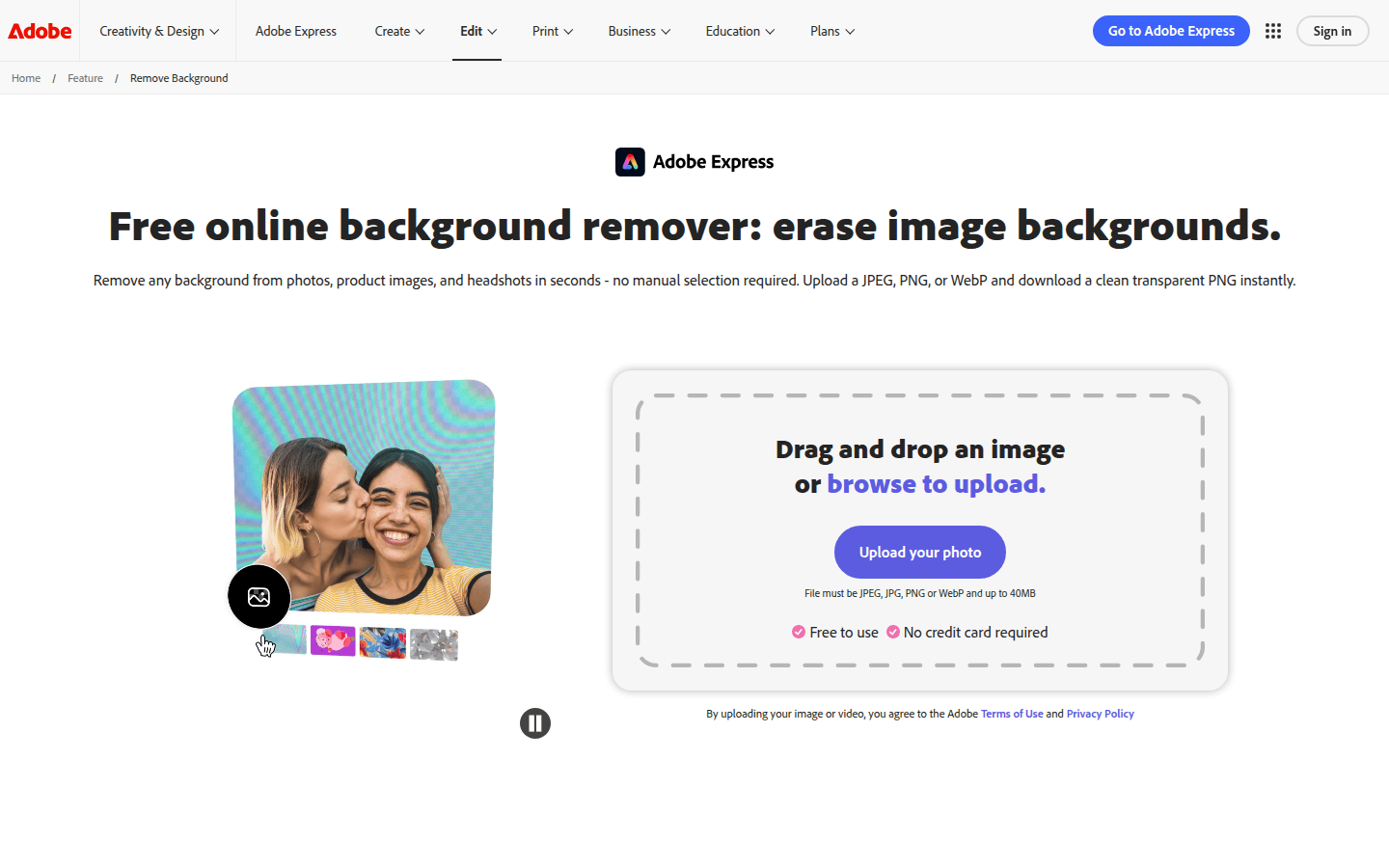 Adobe Express background remover page showing accepted upload formats and transparent PNG download language