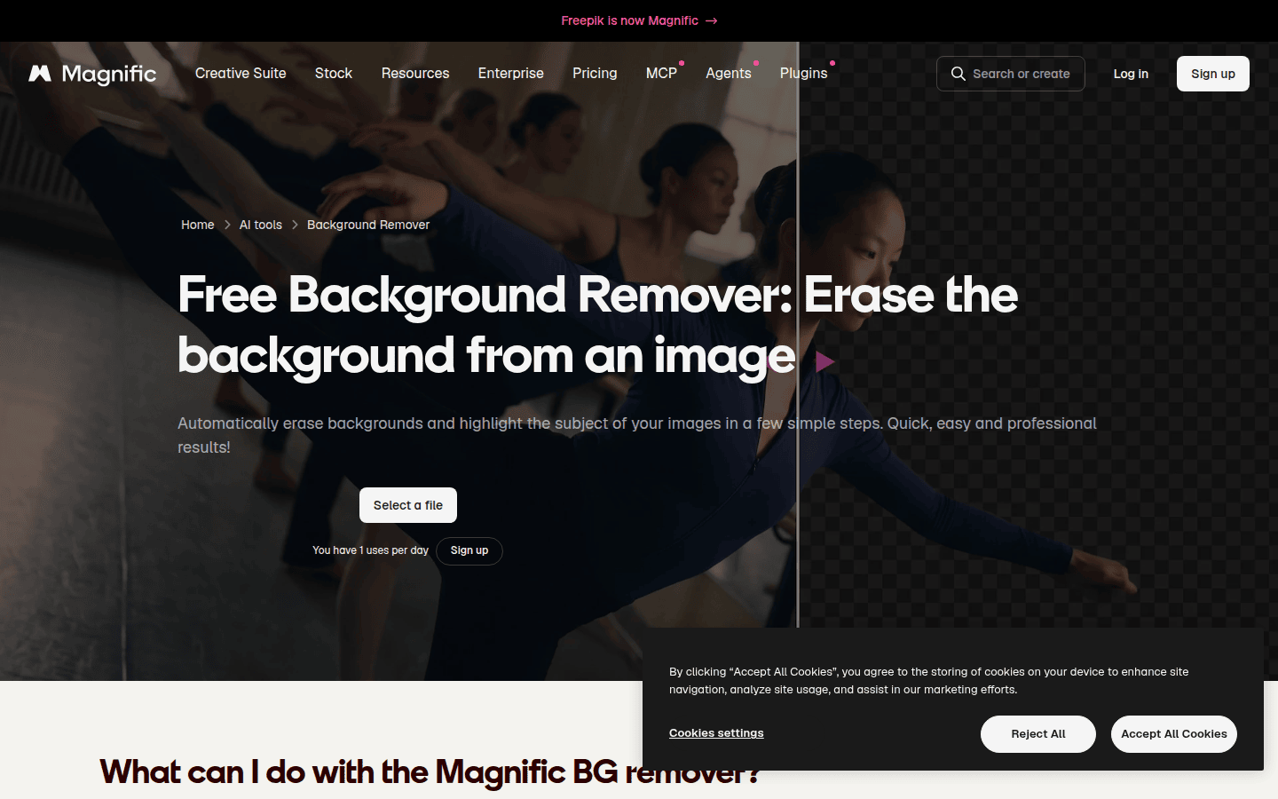 Freepik background remover page showing PNG transparent output and free daily limit language