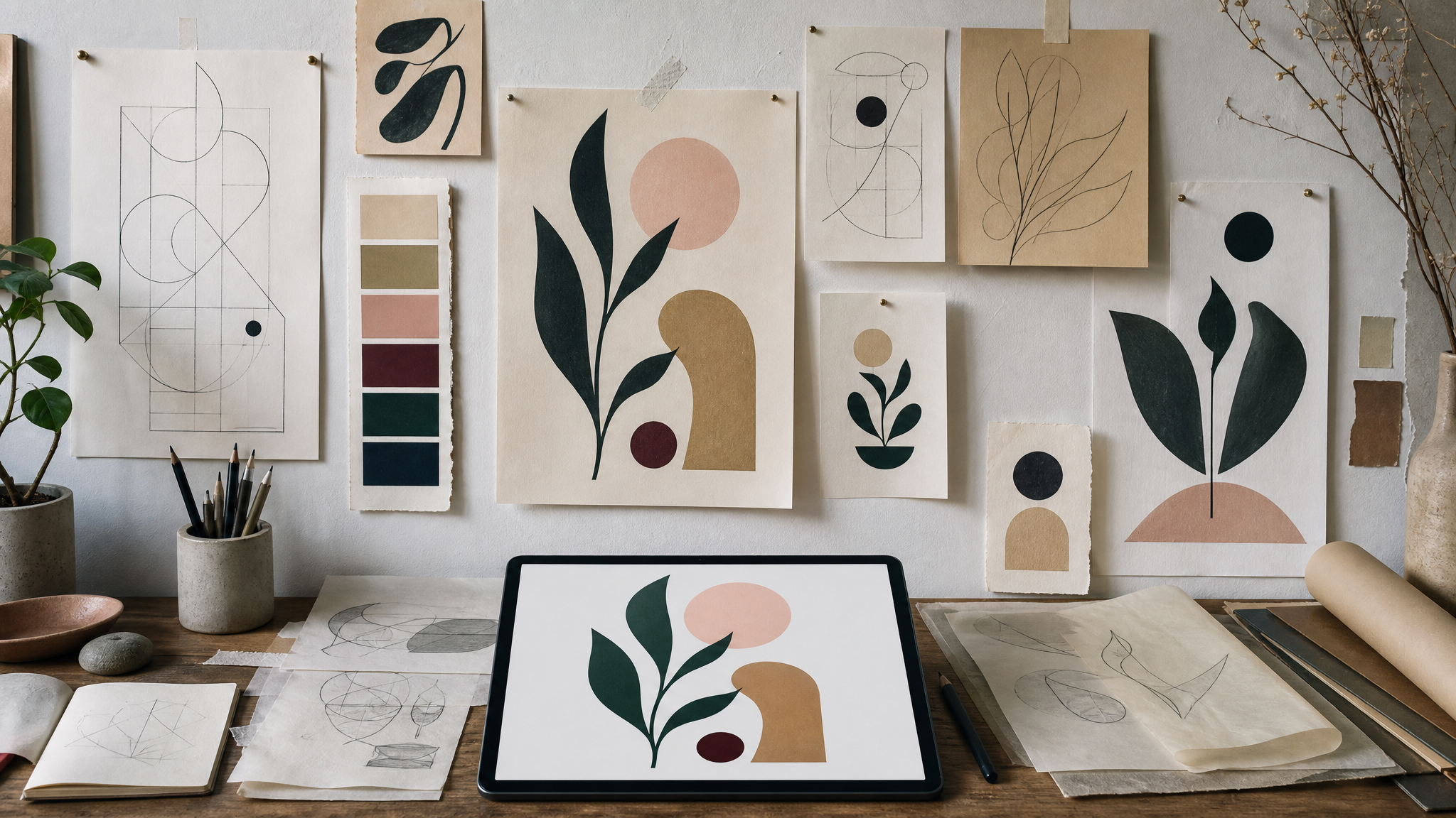 Close view of hand-drawn geometric sketches and flat color studies pinned beside a tablet