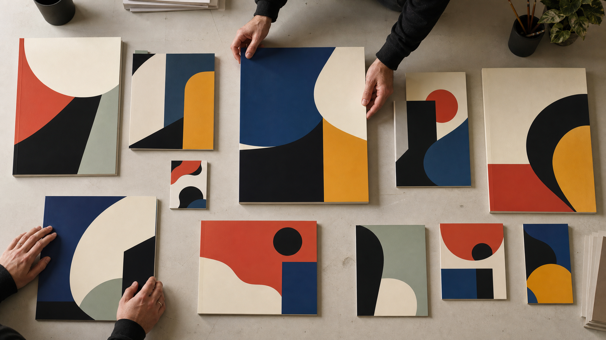 Editorial cover mockups at different sizes arranged on a table to compare scale and impact