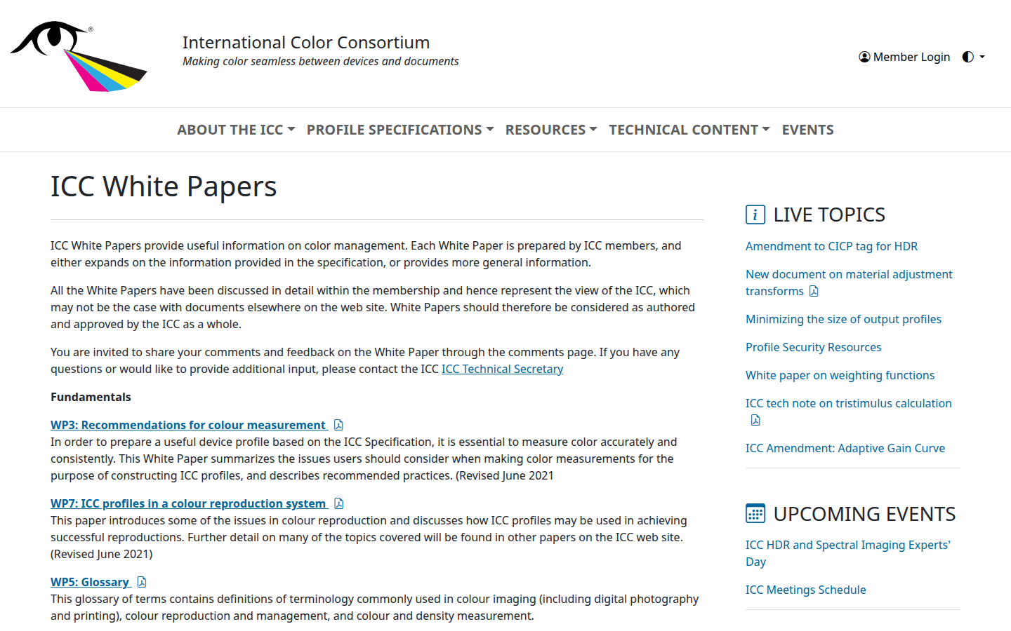 Screenshot of the International Color Consortium (ICC) whitepapers page, showing resources on color management.