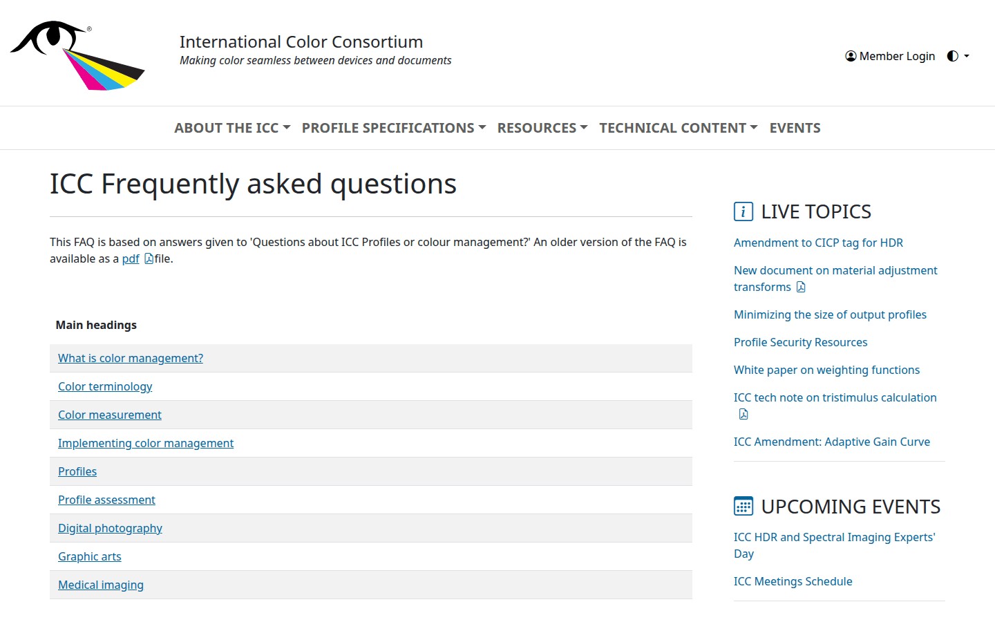 Screenshot of the International Color Consortium (ICC) FAQs page, detailing device-to-device color transformations.