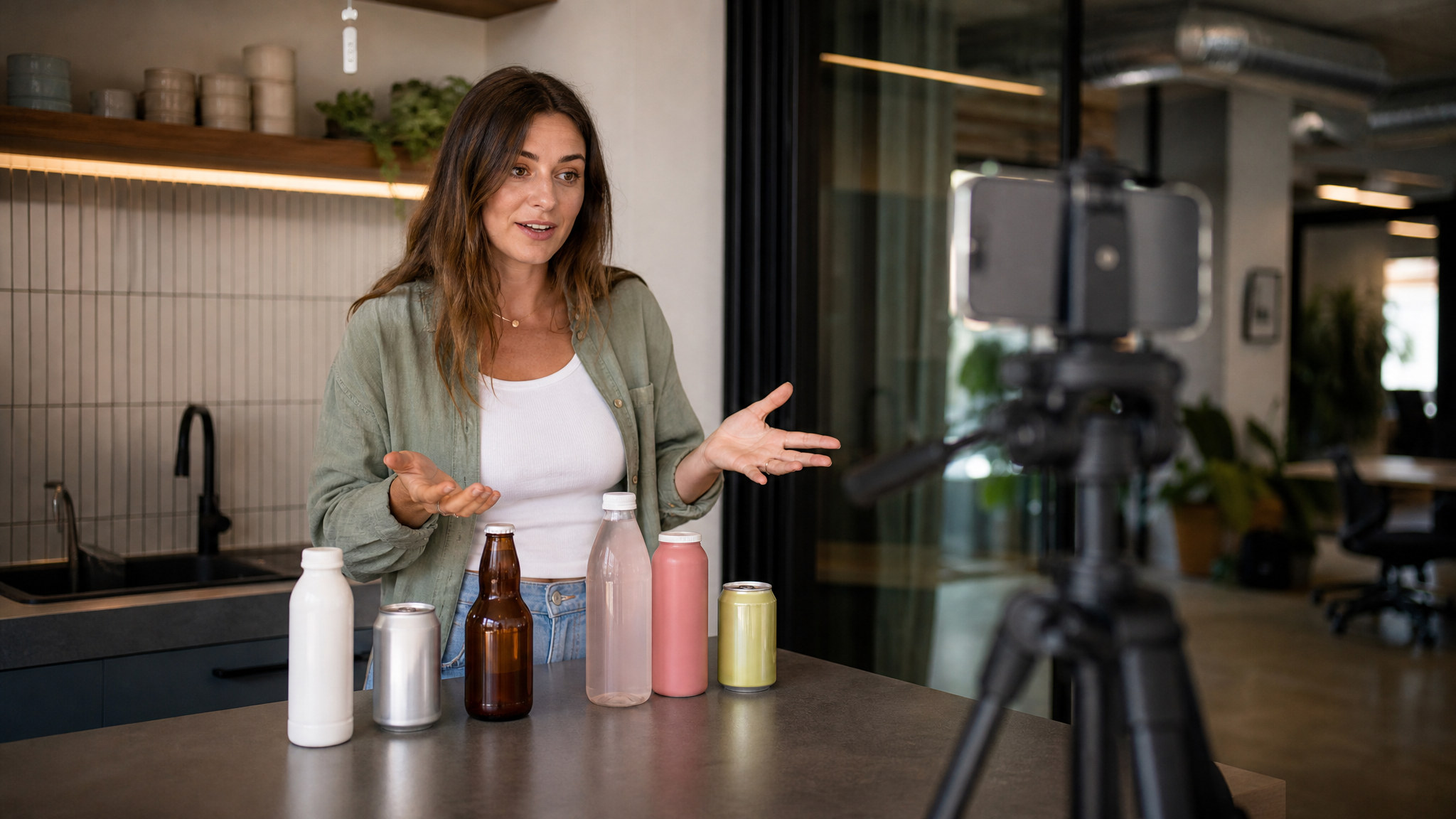A marketer recording a casual phone video in an office kitchen area with product on the counter