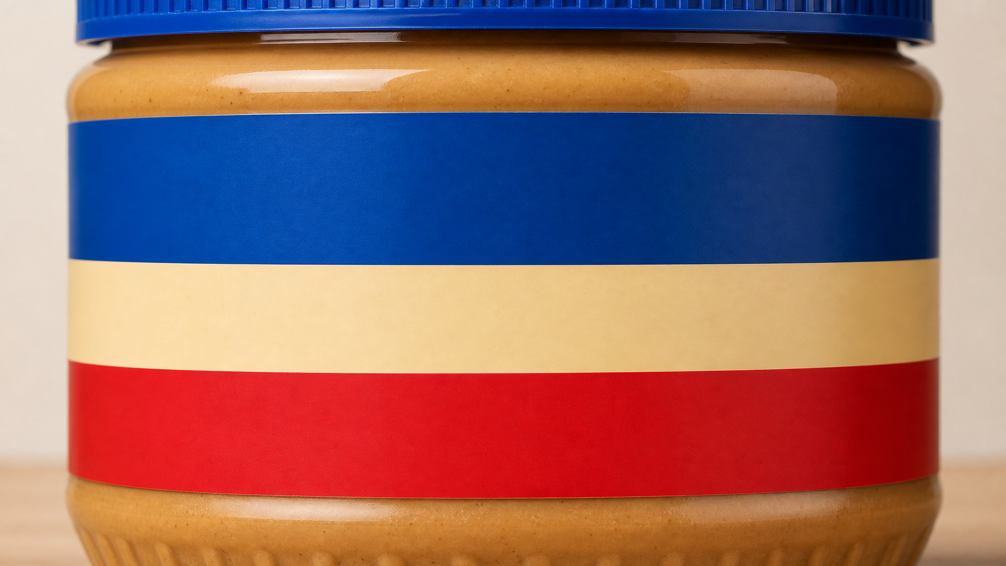 Close-up of a generic jar label showing flat lettering and three bold color bands without shadow