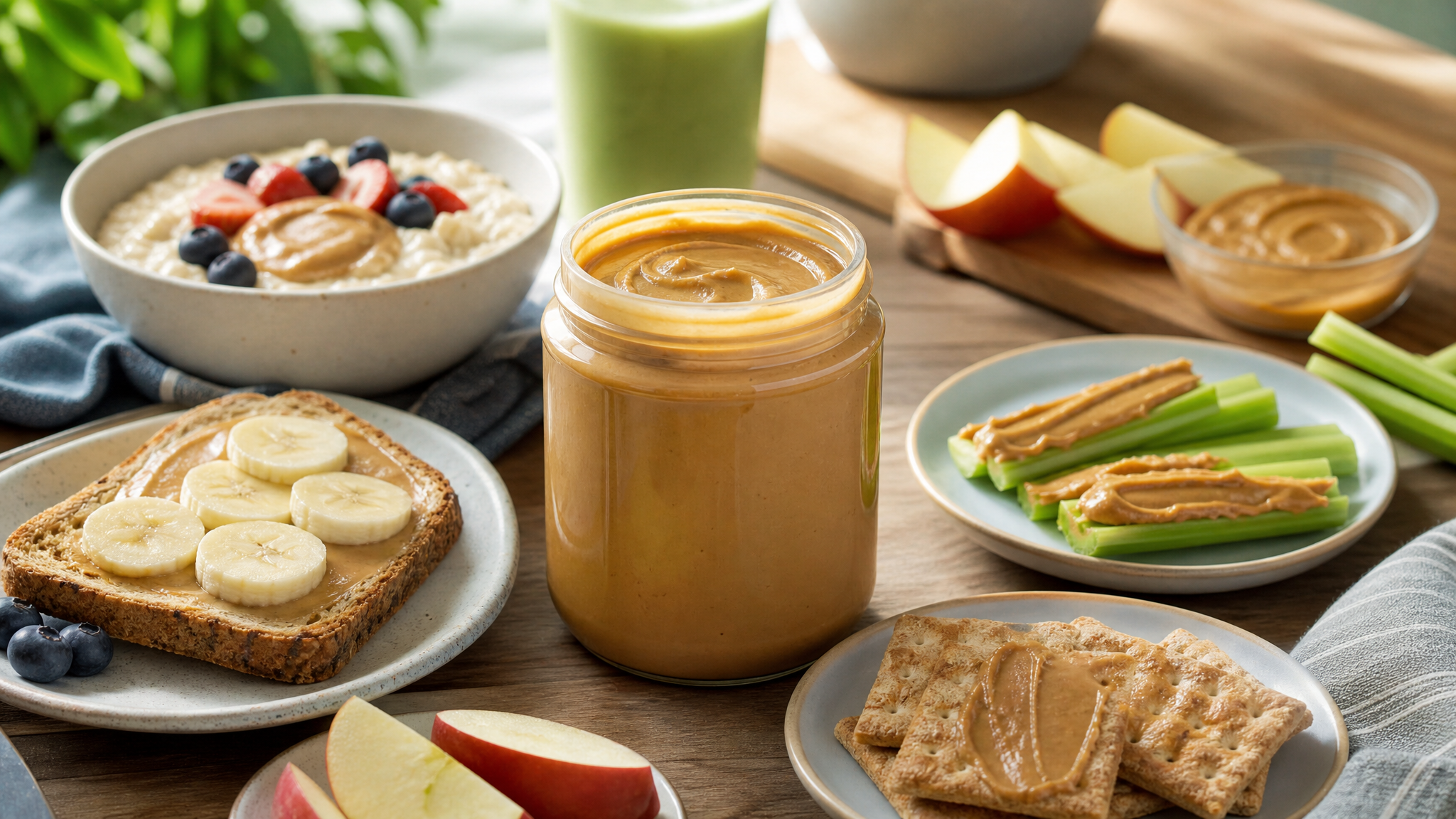 Assorted breakfast and snack foods arranged around a generic peanut butter jar to suggest wider daily use