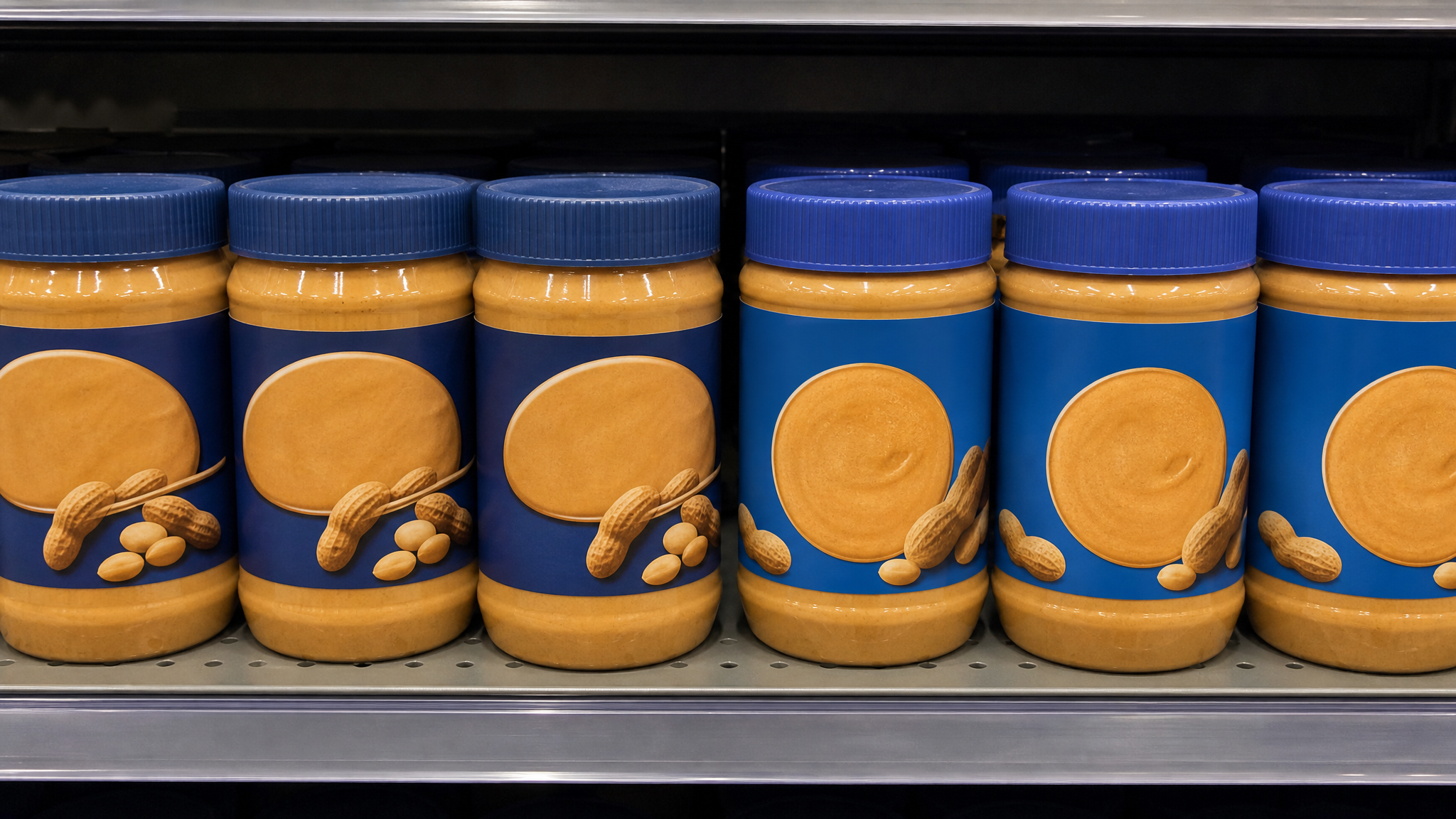Retail shelf showing old and updated generic jar packaging side by side during a phased transition