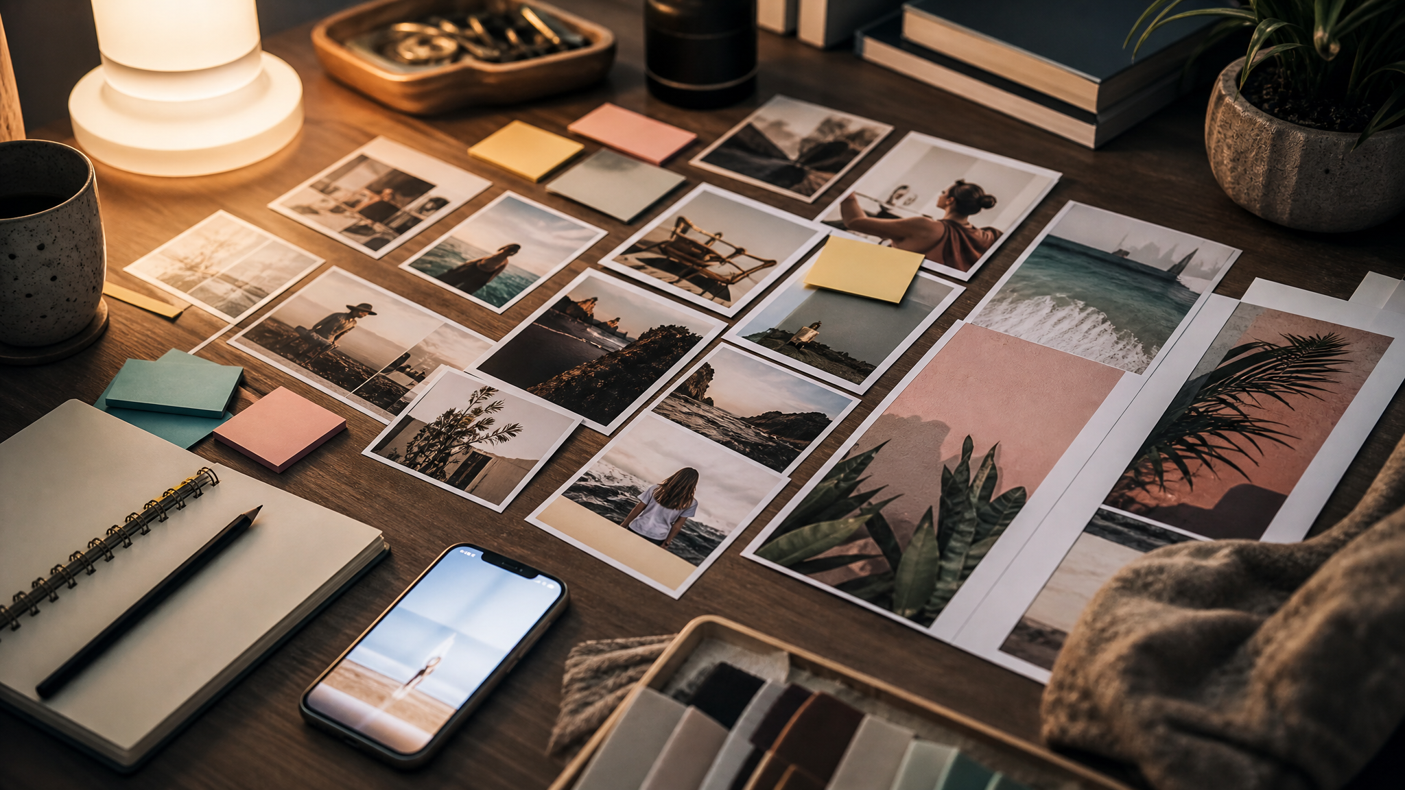Editorial workspace with printed photos, sticky notes, and a phone screen glow suggesting social posts being sorted into searchable themes