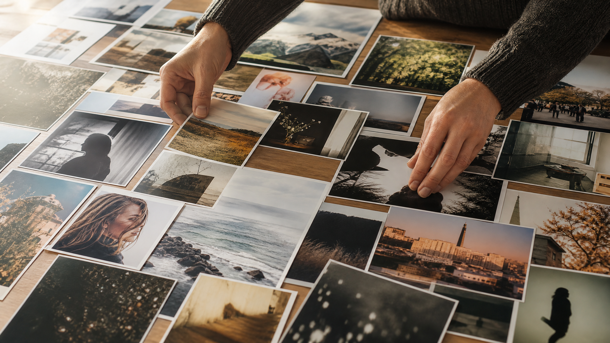 Hands arranging a collage of varied portrait and product photos with visible differences in cropping, color, and framing