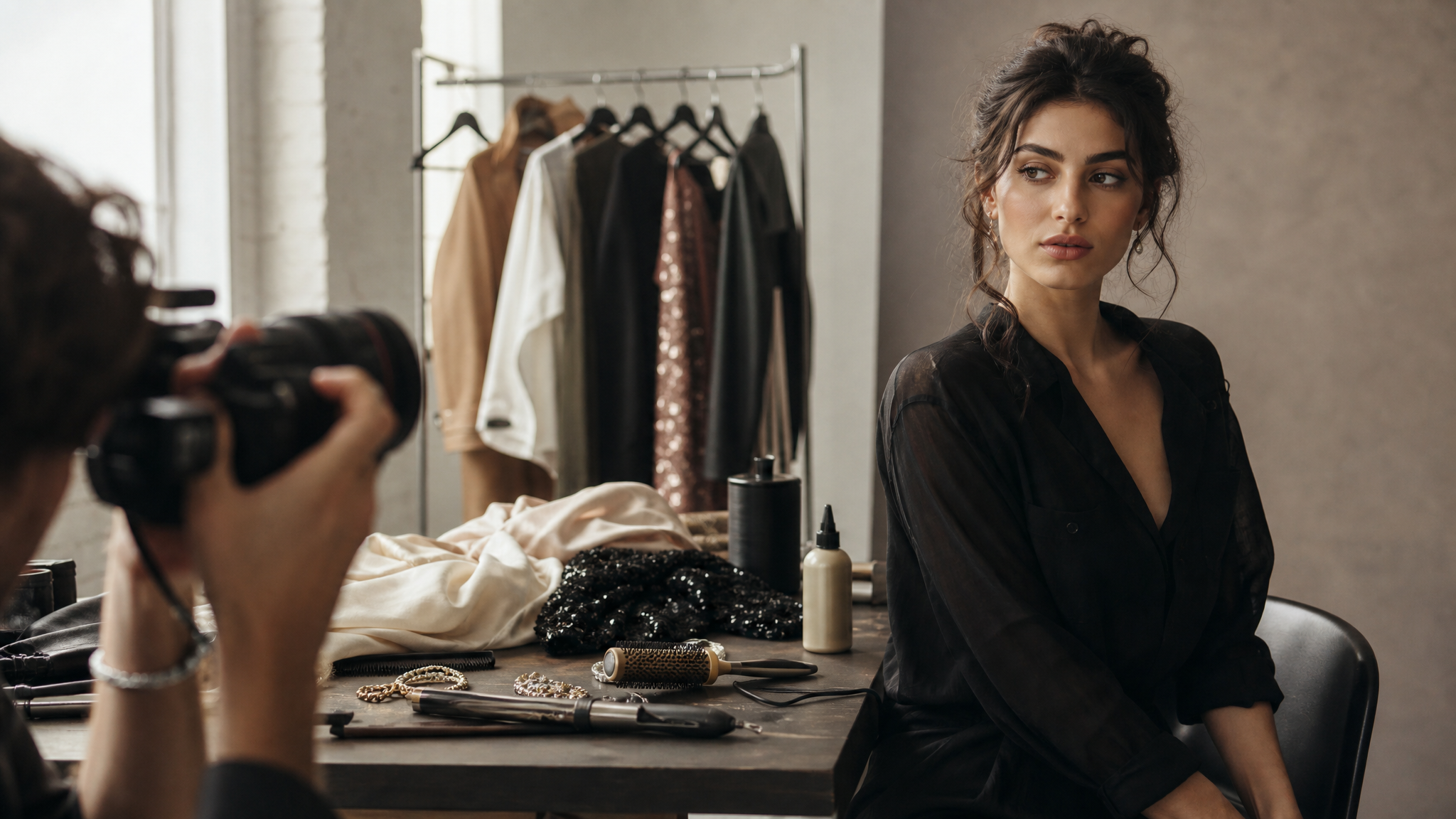 Portrait setup with wardrobe pieces, accessories, and styling options laid out beside a camera to suggest careful boundaries in image editing