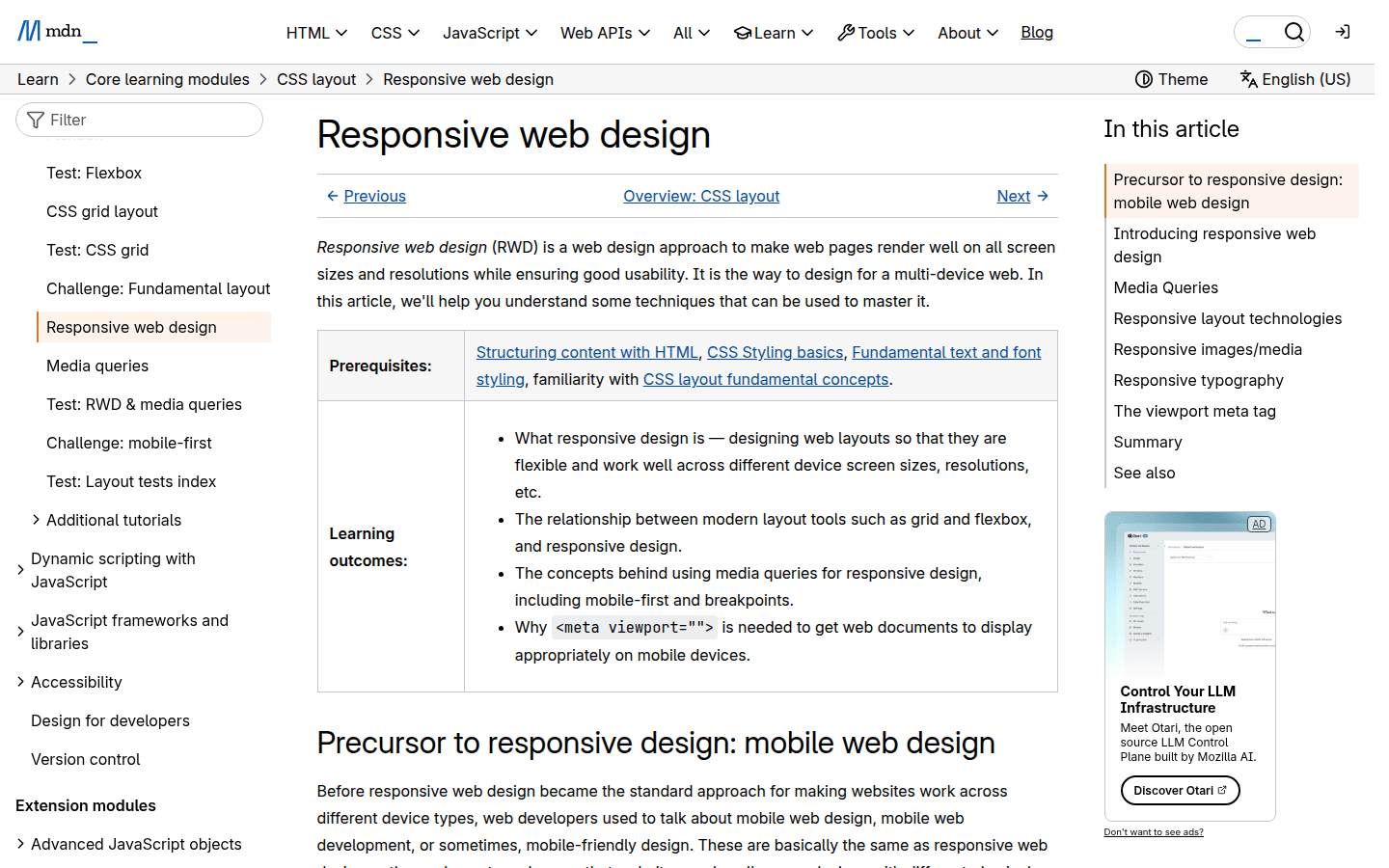 Screenshot of MDN Web Docs on Responsive Design