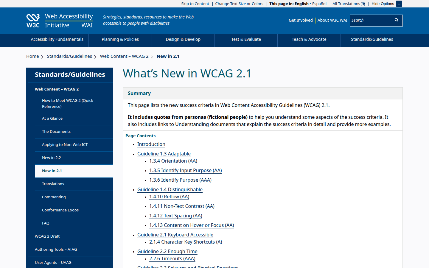 Screenshot of WCAG 2.1 new features regarding text resize