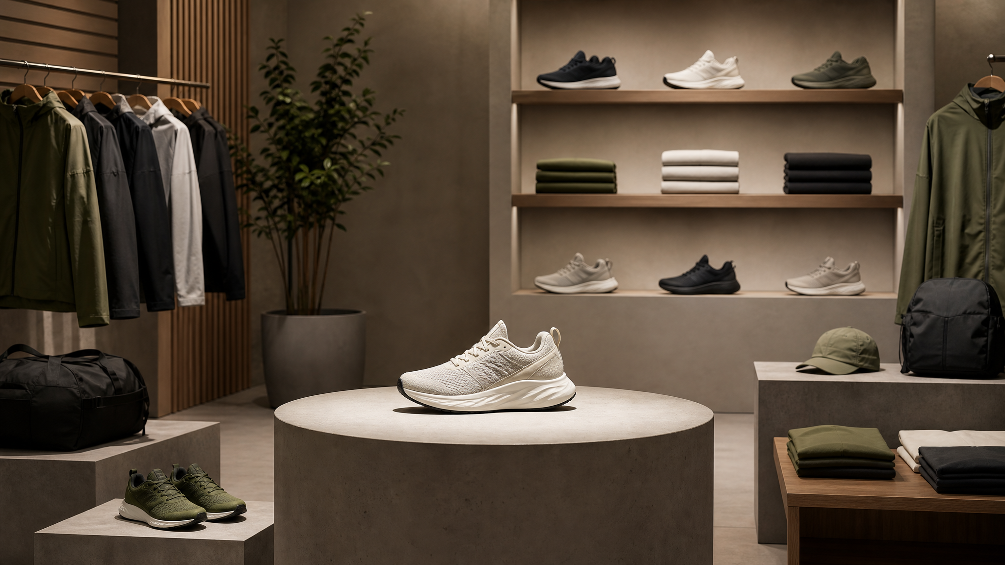 Minimal retail-style arrangement of sports shoes and apparel in distinct grouped collections with one clear hero product centered