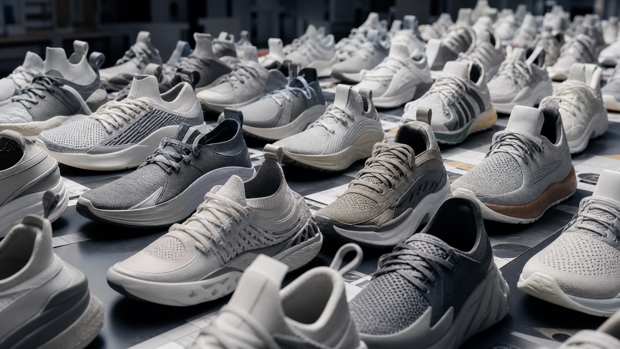 Close view of multiple similar sneaker prototypes lined up so tightly that their differences are difficult to read