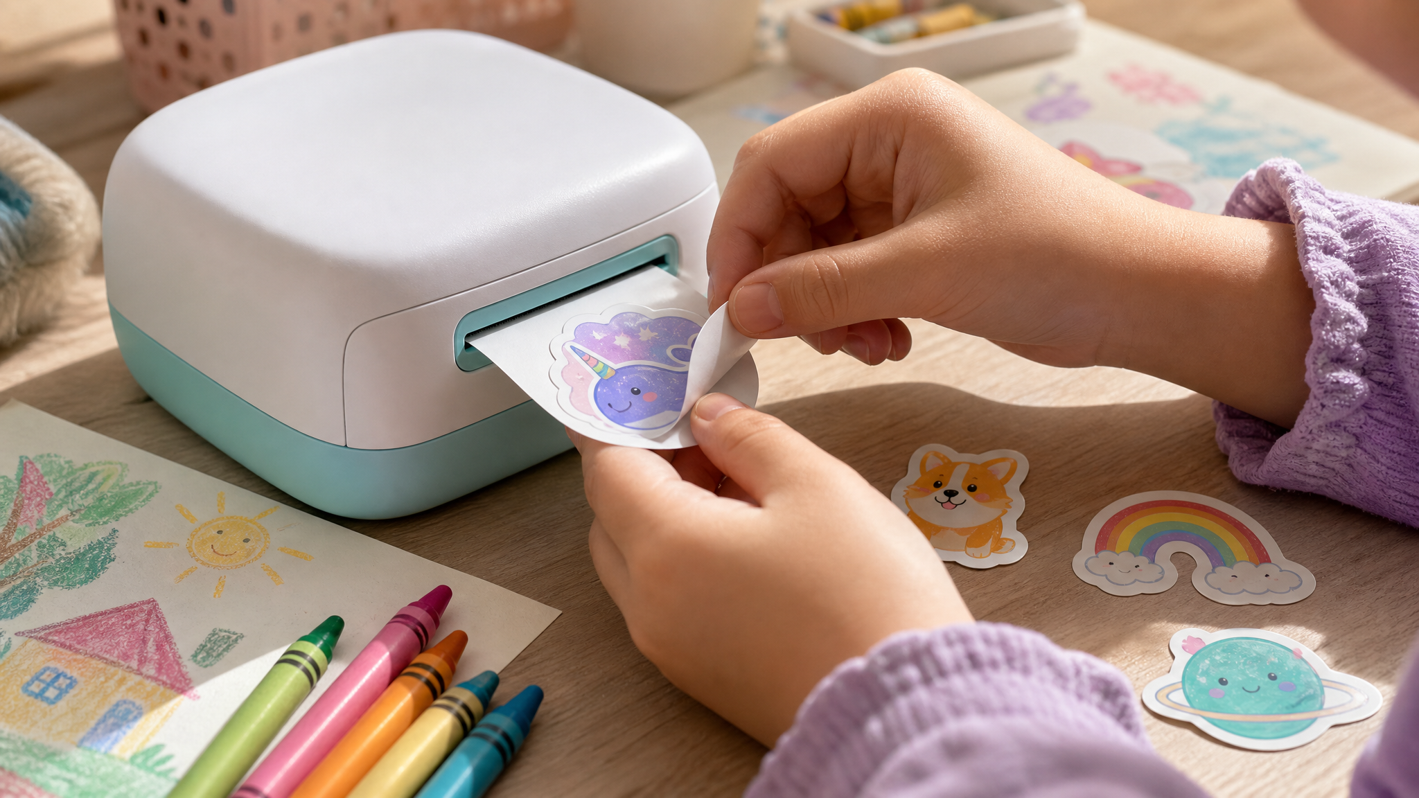 Close view of a child’s hands peeling a freshly printed sticker from a small device beside crayons and paper