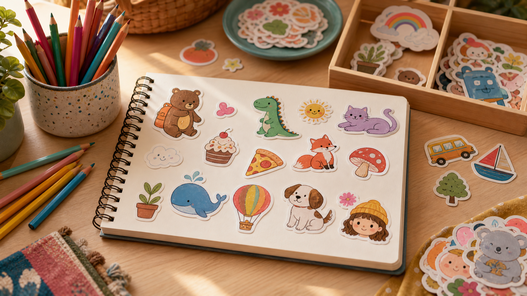 Tabletop arrangement of collected stickers, a sketchbook, and colored pencils showing how printed output extends into open-ended play