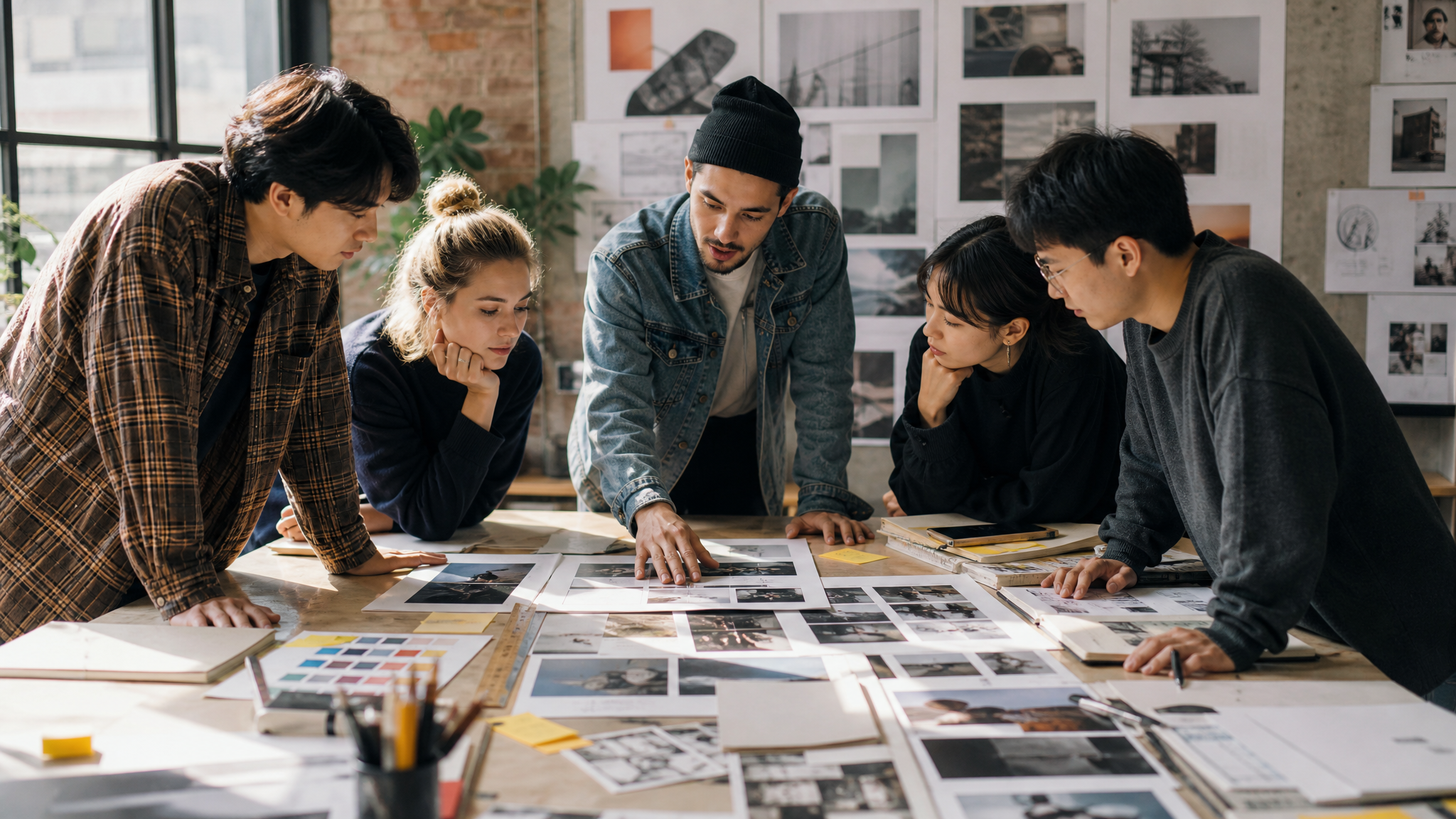 Editorial design students reviewing magazine spreads with printed photos, type samples, and layout notes on a large studio table