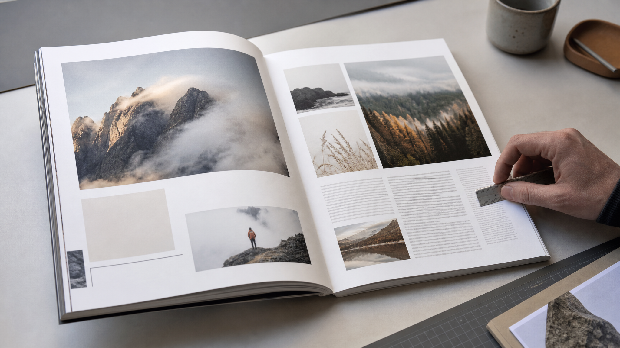 Close view of a magazine spread showing clear visual hierarchy through headline scale, image placement, captions, and white space