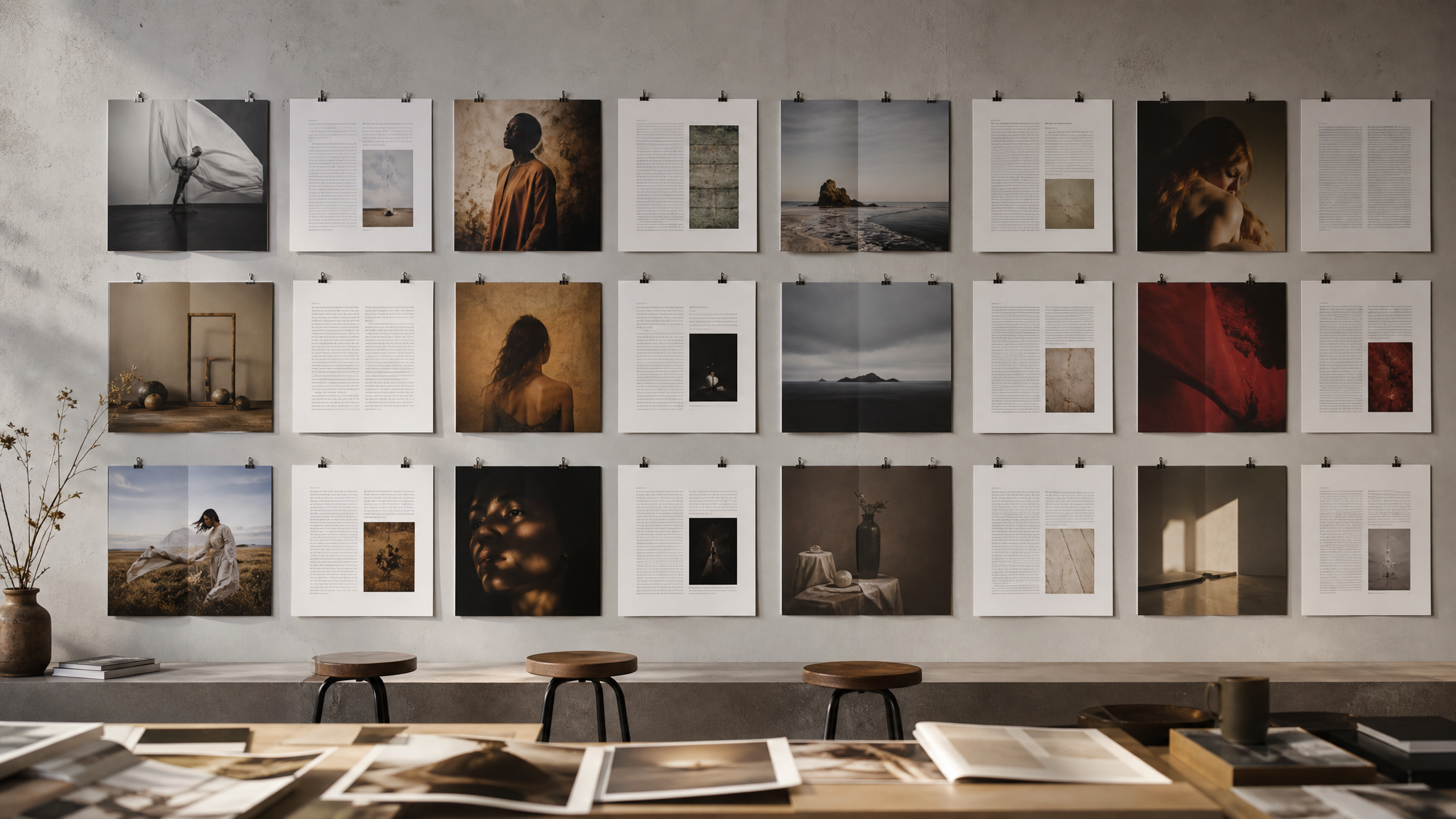Wall display of magazine pages pinned in sequence to evaluate pacing and section consistency across an issue