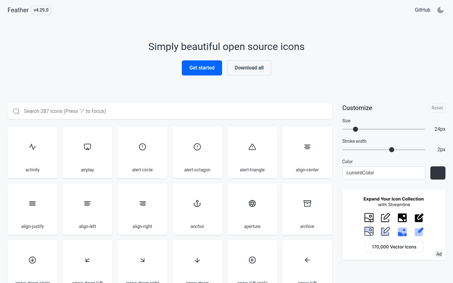 Feather Icons homepage showing a grid of minimalist line icons