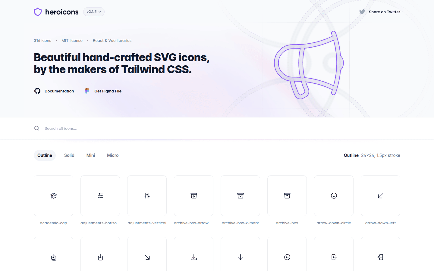 Heroicons license page with examples of outline and solid icons