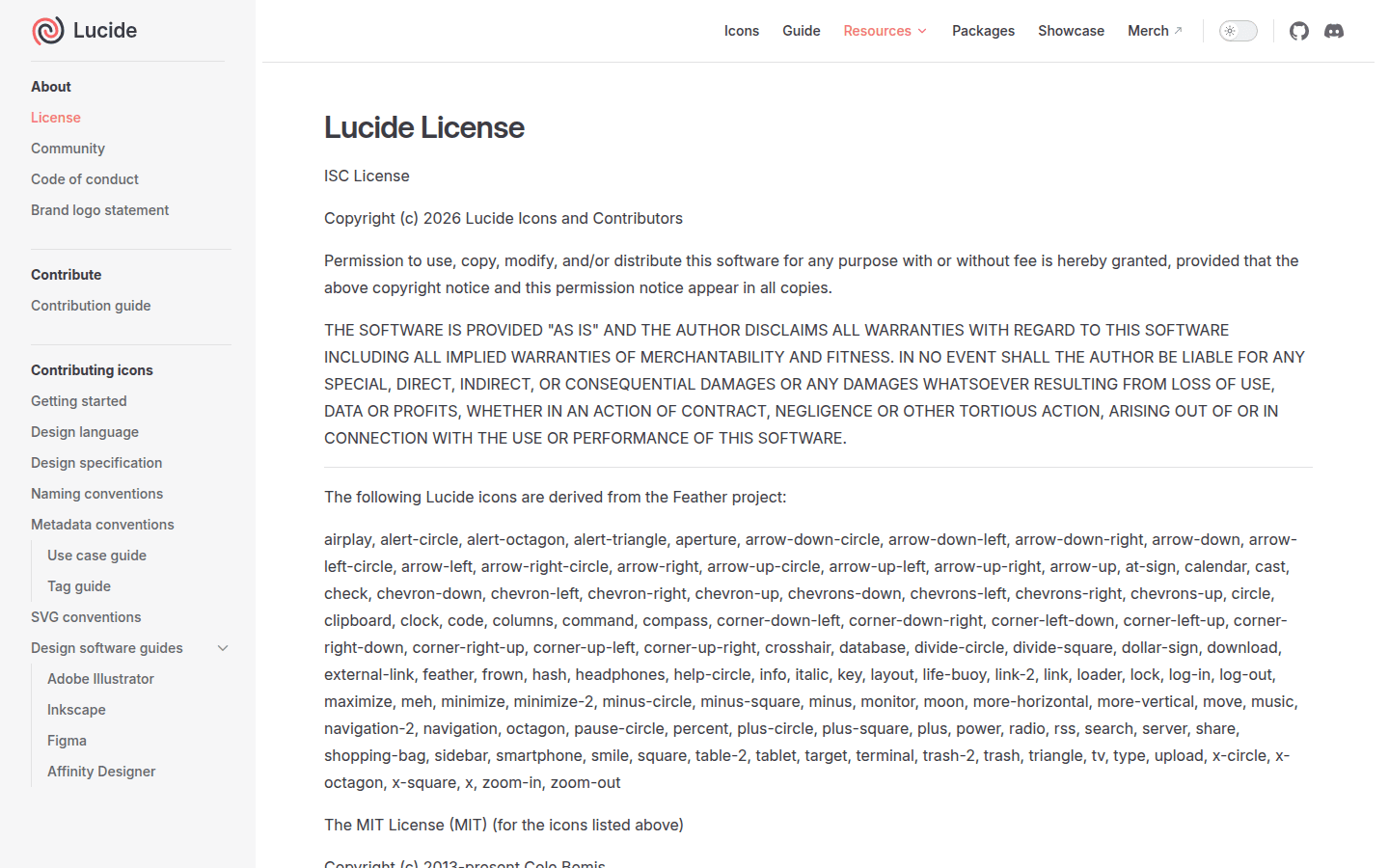 Lucide license page showing a diverse collection of icons in the Feather style