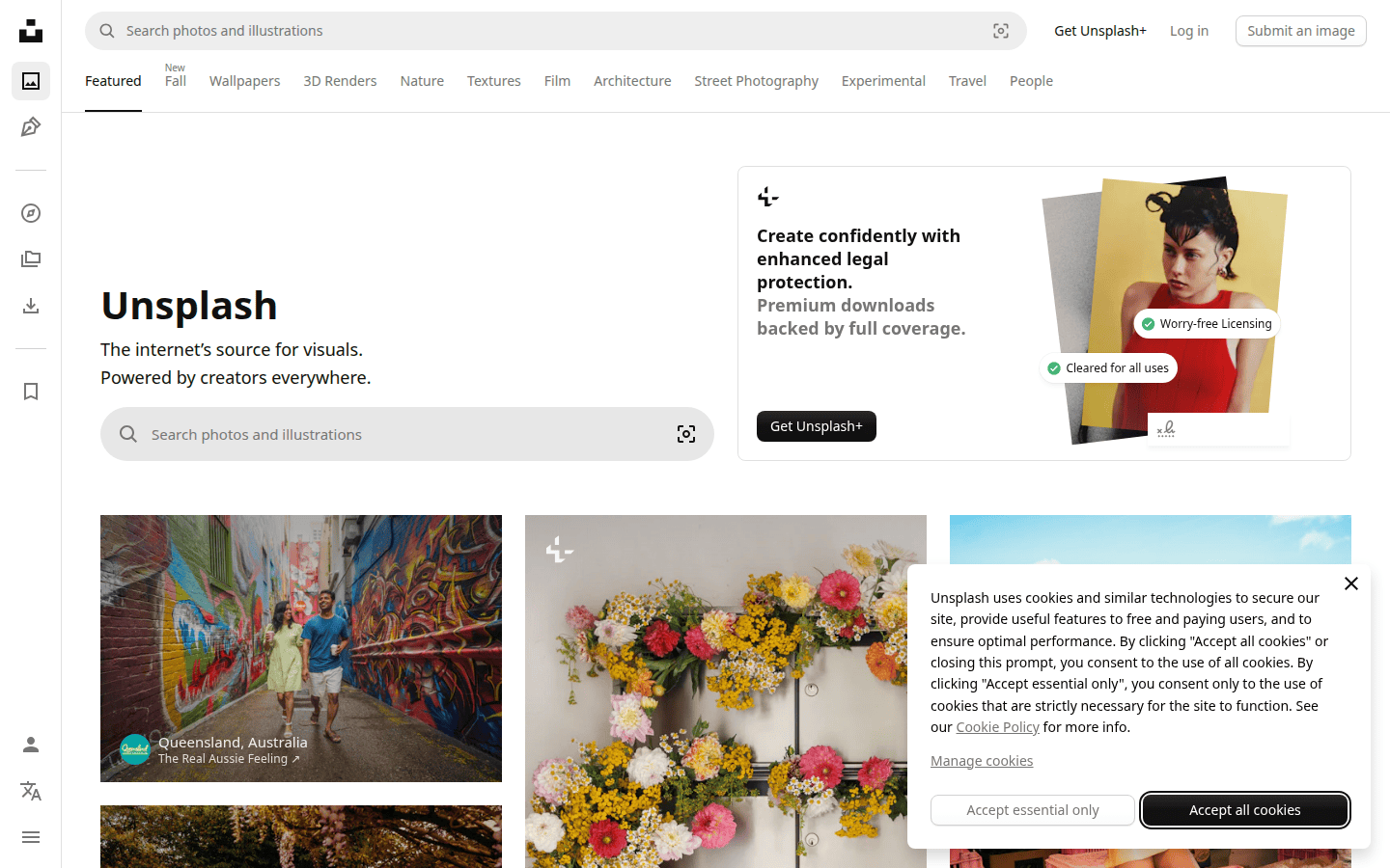 Screenshot of the Unsplash homepage, showing diverse, high-quality photography and a prominent search bar.