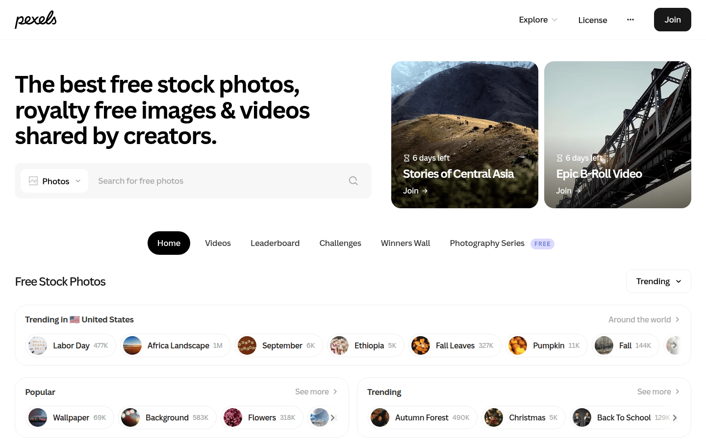 Screenshot of the Pexels homepage, displaying a mix of photos and videos with a clear search bar and trending topics.