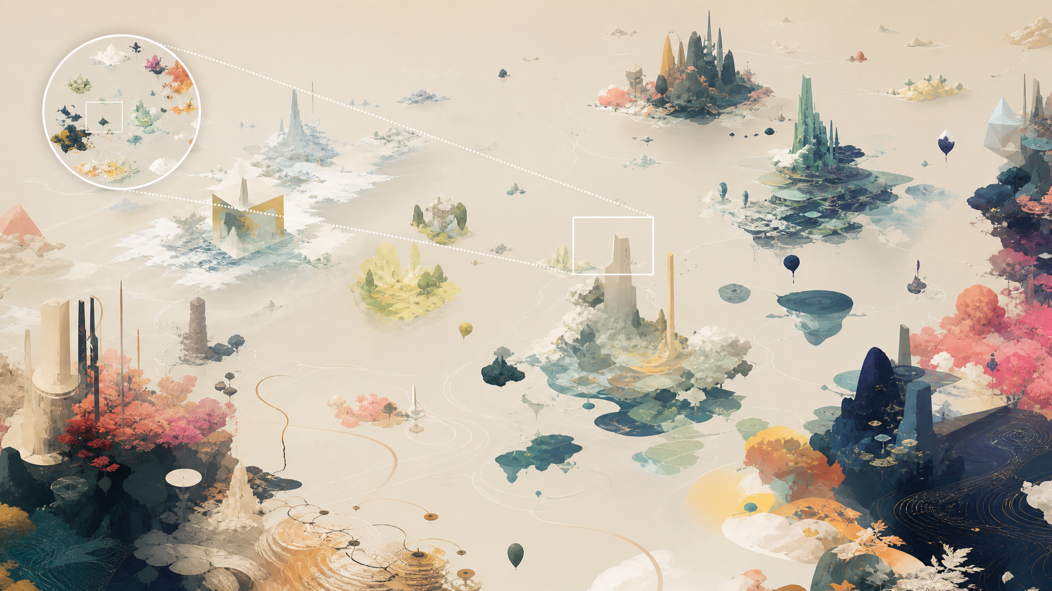 Wide infinite canvas workspace with landmarks, minimap, and zoom framing cues in an abstract visual environment