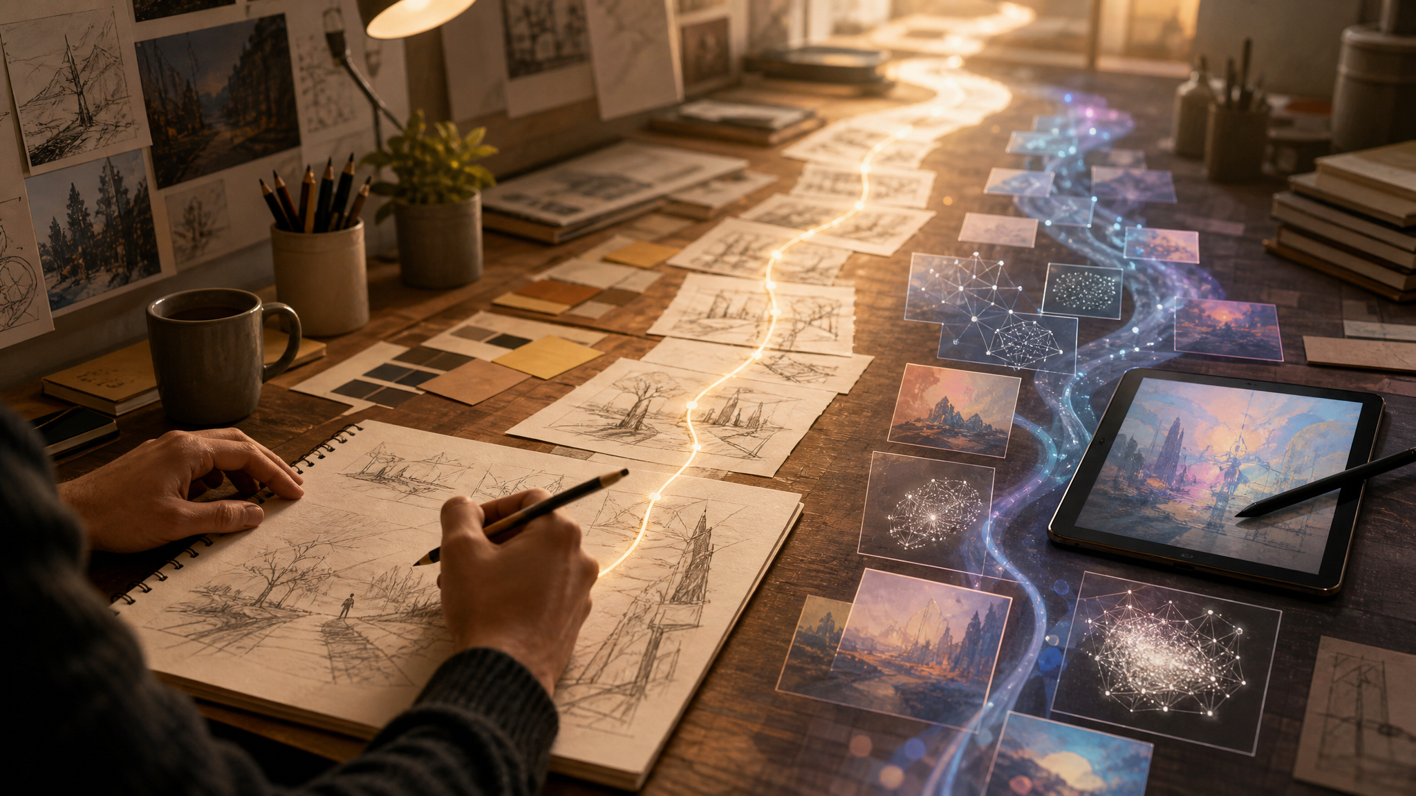 Creative desk scene showing optional AI assistance as a side path rather than a forced main route