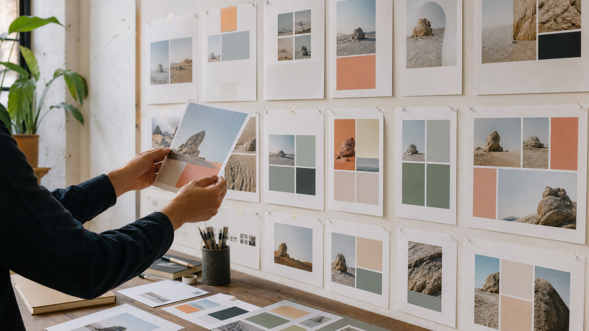 A designer pinning multiple resized social layouts derived from one master brand asset on a studio wall
