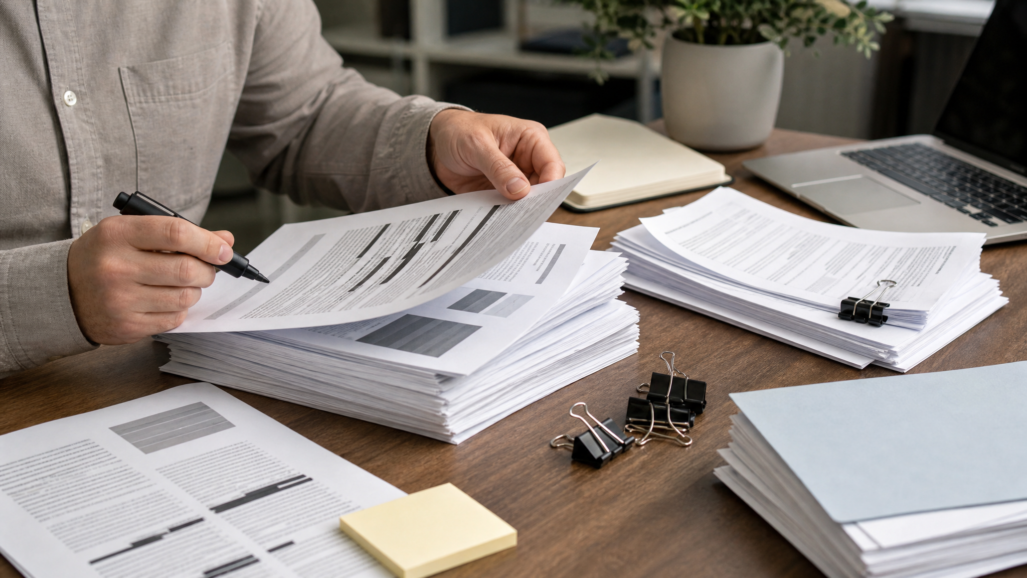 Close view of printed PDF pages being sorted, combined, and marked for redaction on a desk beside a laptop