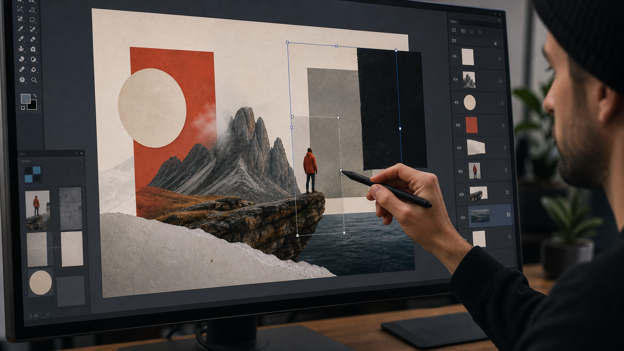Layered design elements on a large monitor with movable shapes, image blocks, and background planes in a clean composition