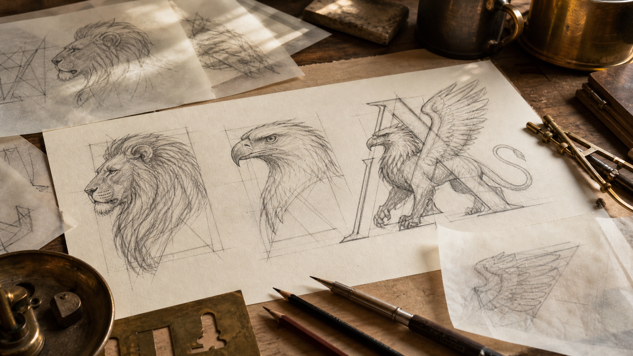 Designer’s desk with sketched lion and eagle motifs being merged into a single griffin concept inside an angular monogram