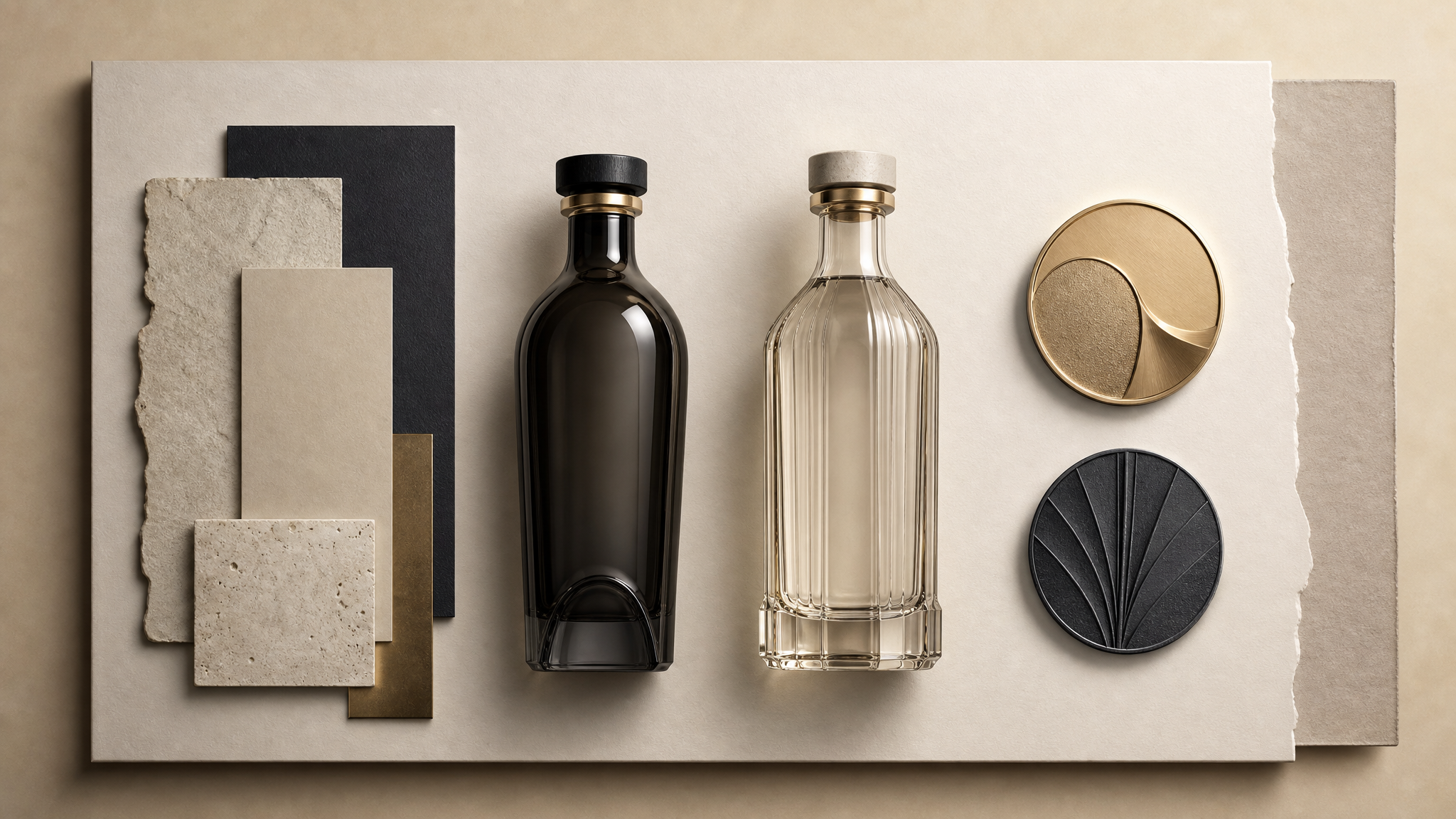 Two distinct spirit bottle silhouettes represented by separate emblem tokens on a clean layout board to suggest a house mark and a series mark