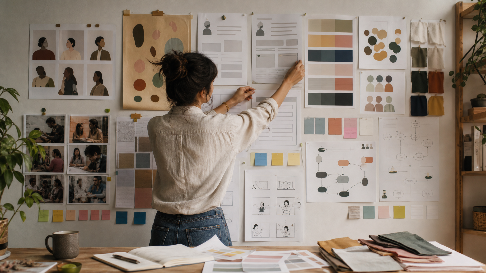 A designer pinning audience-specific references to a wall, including medical forms, language notes, and workflow sketches