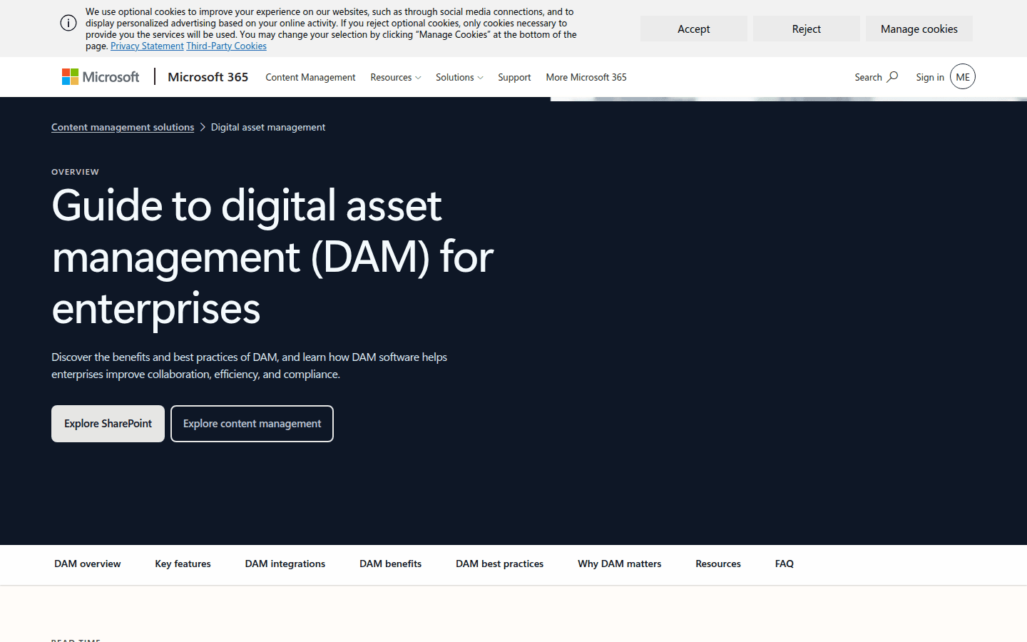Screenshot of Microsoft's Digital Asset Management guide, showing sections on organizing and retrieving assets efficiently.