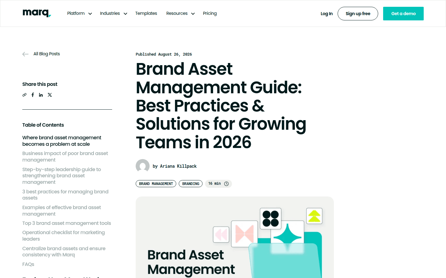 Screenshot of Marq's blog post on Brand Asset Management, showing discussions on access controls and maintaining current assets.