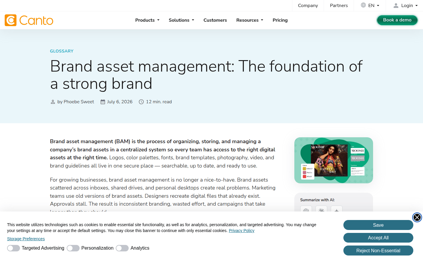 Screenshot of Canto's glossary entry for Brand Asset Management, detailing benefits like improved organization and consistency.