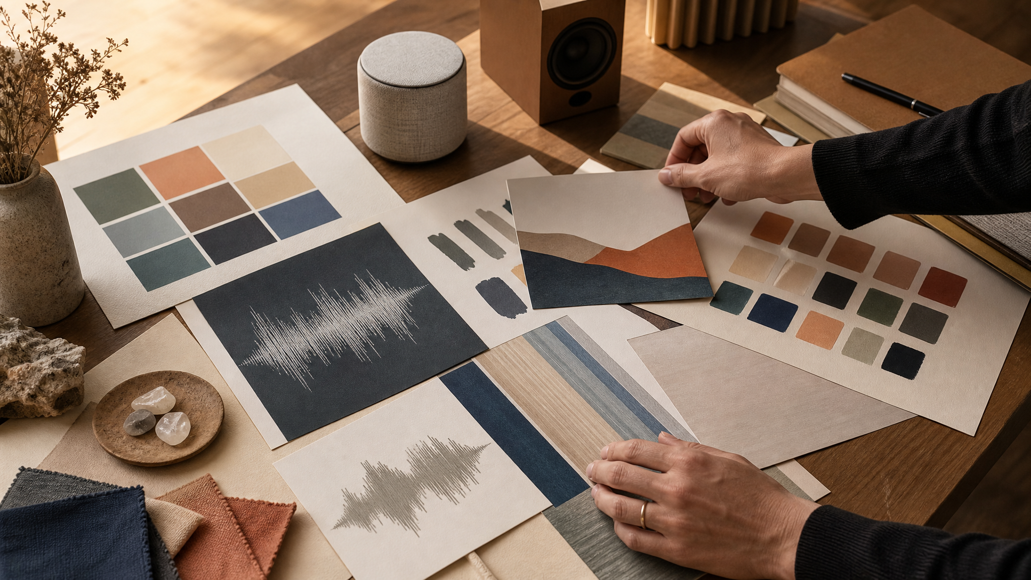 Printed brand identity sheets paired with simple audio waveform drawings and small device sound icons on a worktable