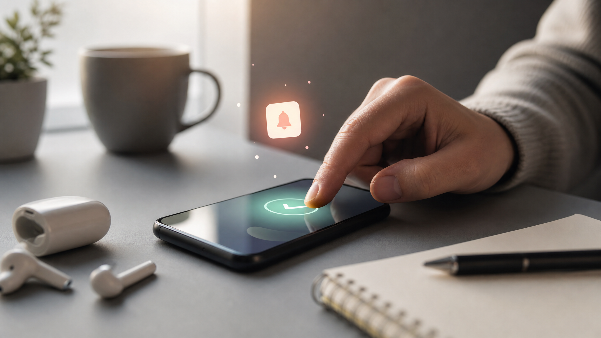 Close view of a hand pressing a phone confirmation button while subtle ambient objects suggest notification sounds and interface feedback