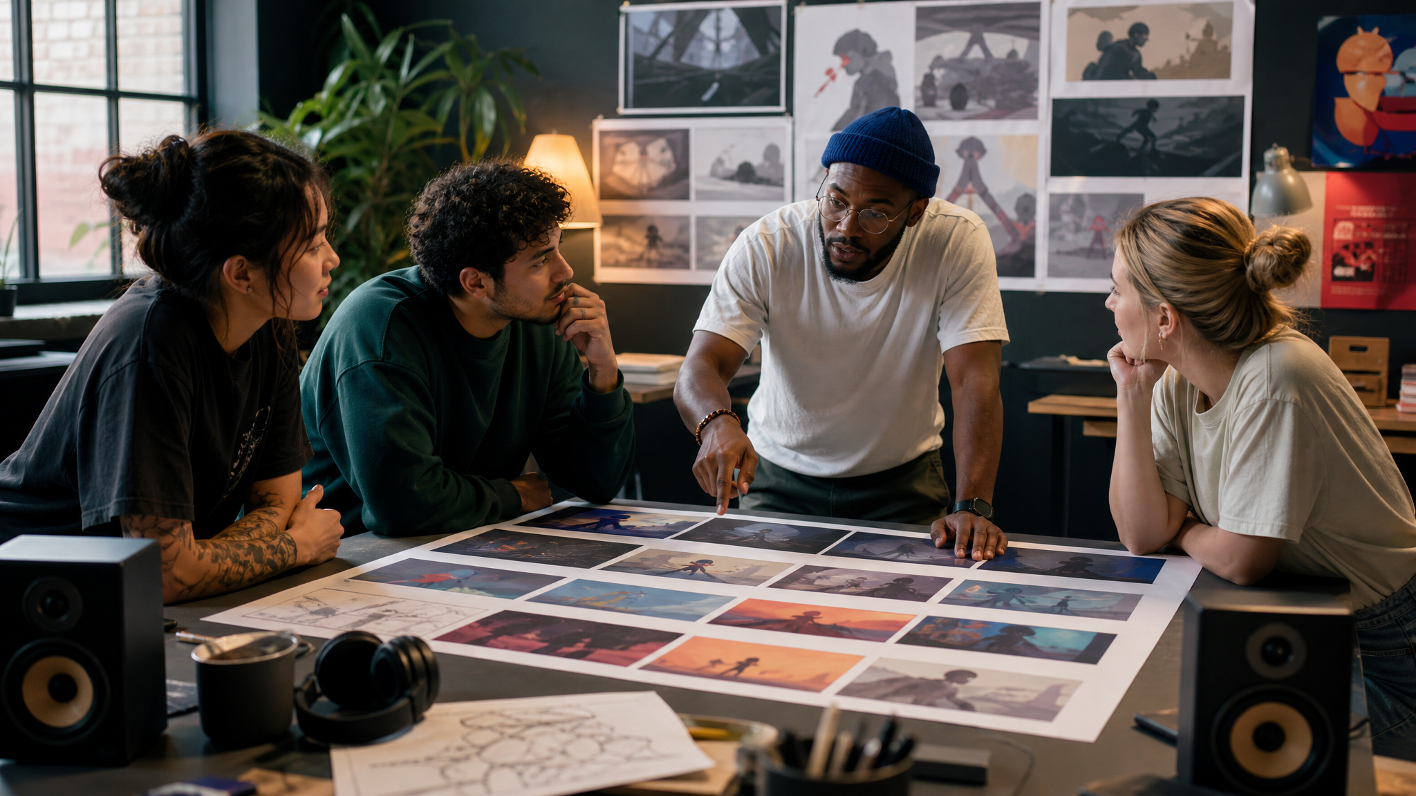 Creative team reviewing short-form video storyboards with headphones, speakers, and motion frames pinned on a wall