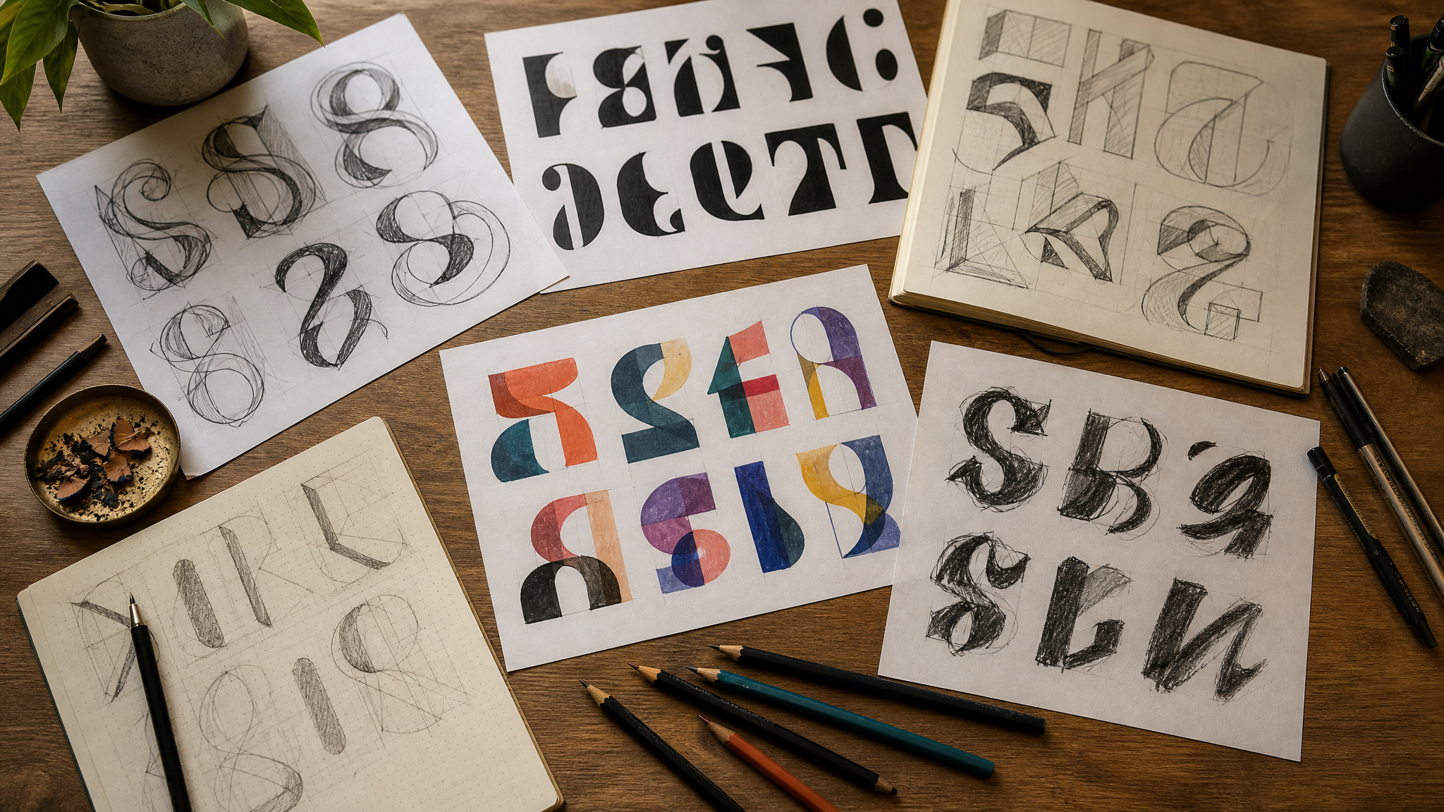 Designer’s desk with multiple rejected lettering studies ranging from clean type to rough hand-drawn options